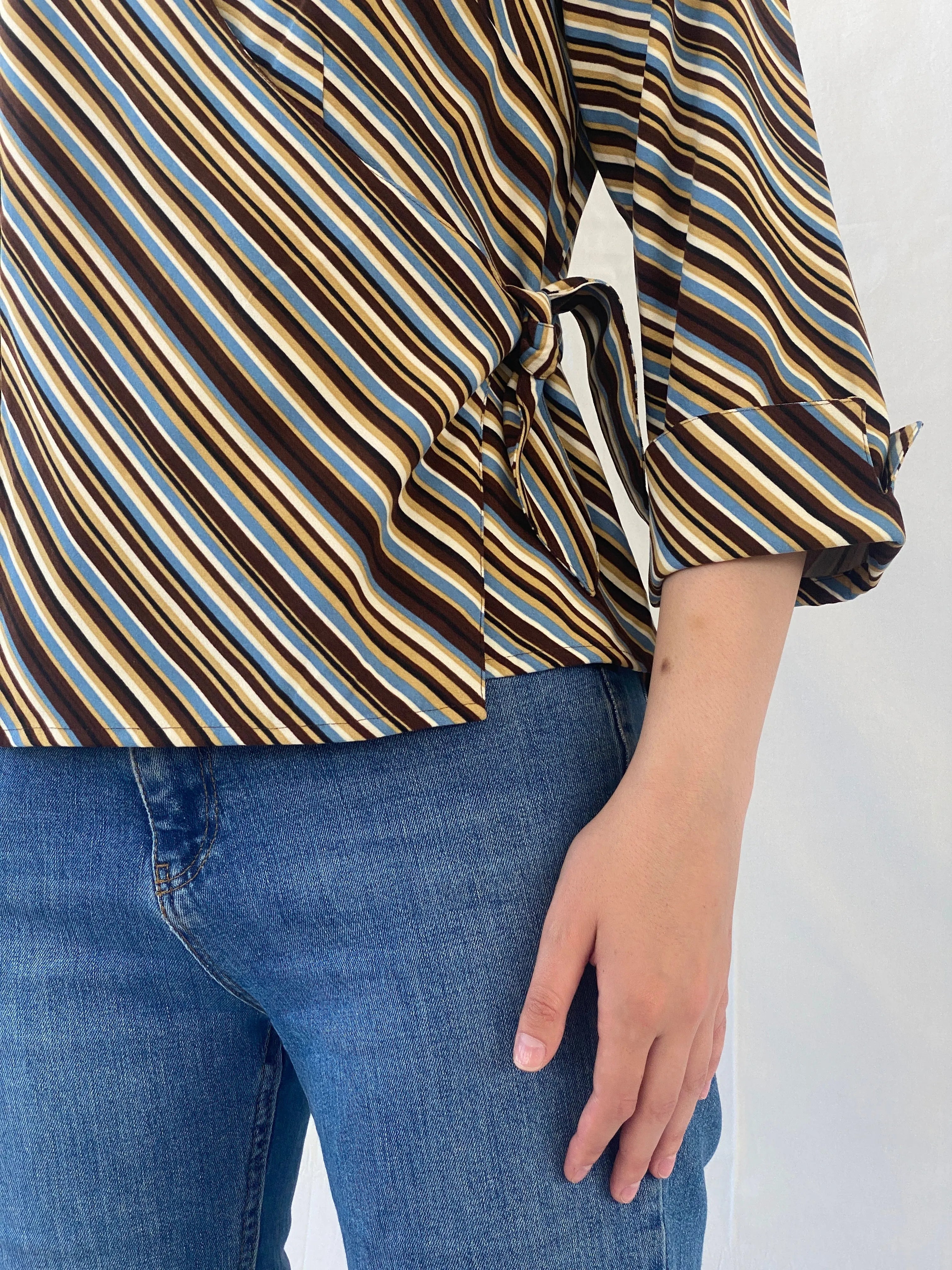 Vintage Selene Sport Striped Multi Colored Shirt Wrap Around Top - M - Balagan Vintage Full Sleeve Top Ayah, full sleeve shirt, Office core, shirt, striped, striped shirt, women shirt