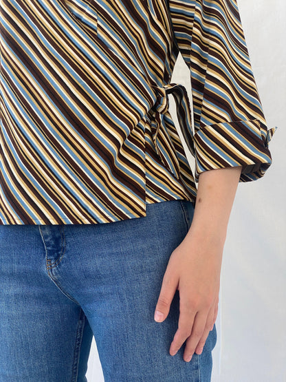 Vintage Selene Sport Striped Multi Colored Shirt Wrap Around Top - M - Balagan Vintage Full Sleeve Top Ayah, full sleeve shirt, Office core, shirt, striped, striped shirt, women shirt