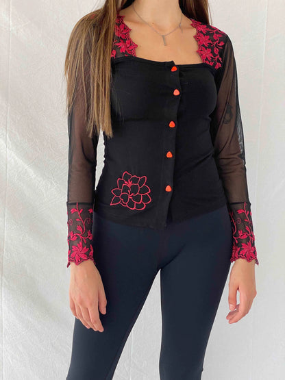 Vintage Semi Sheer Top With Floral Embroidery - Balagan Vintage Sheer Top 90s, Mira