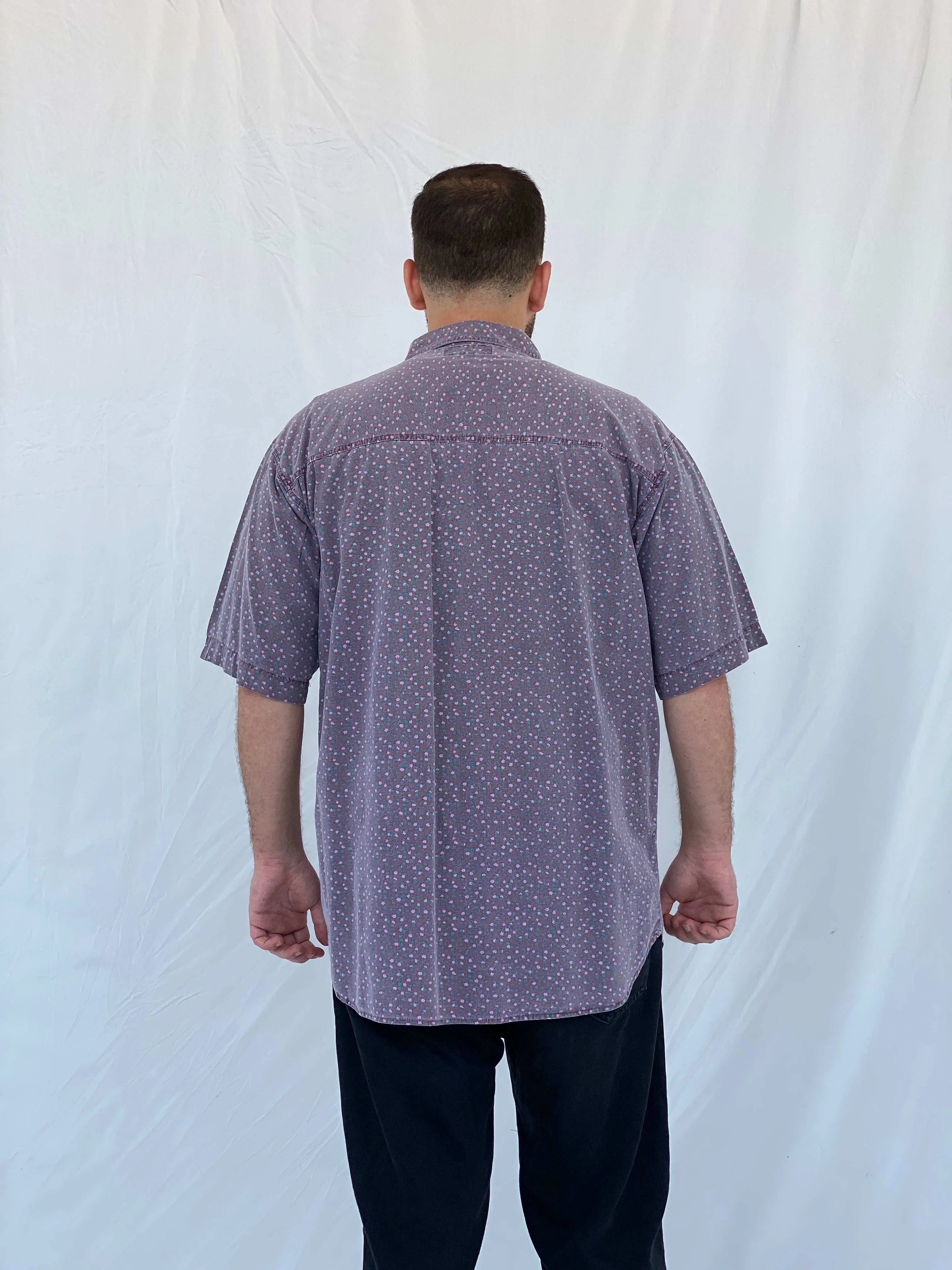 Vintage Shah Safari Floral Short Sleeve Purple Cotton Shirt - L - Balagan Vintage Half Sleeve Shirt 90s, half sleeve shirt, Iyad, mens shirt, printed shirt