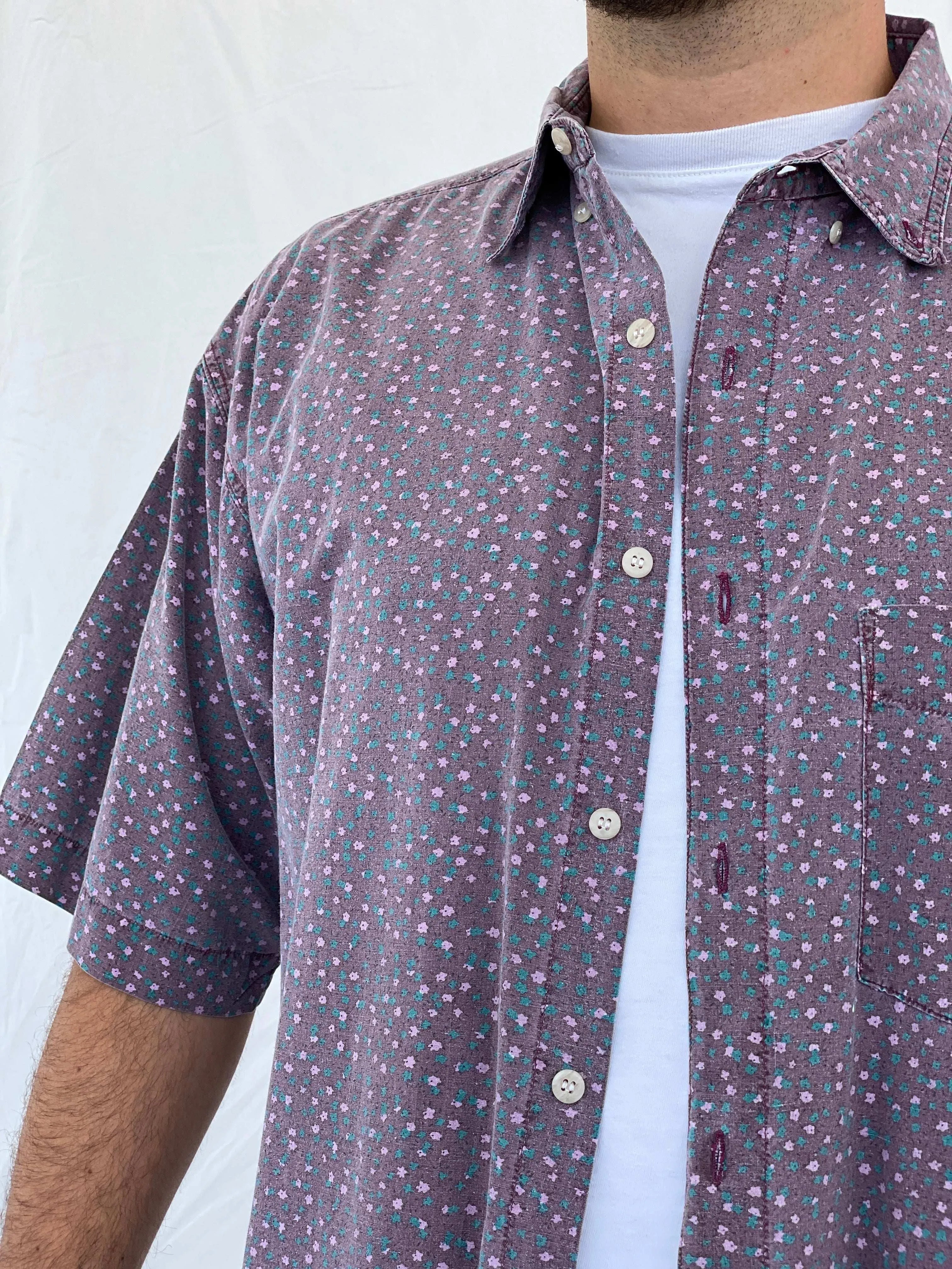Vintage Shah Safari Floral Short Sleeve Purple Cotton Shirt - L - Balagan Vintage Half Sleeve Shirt 90s, half sleeve shirt, Iyad, mens shirt, printed shirt
