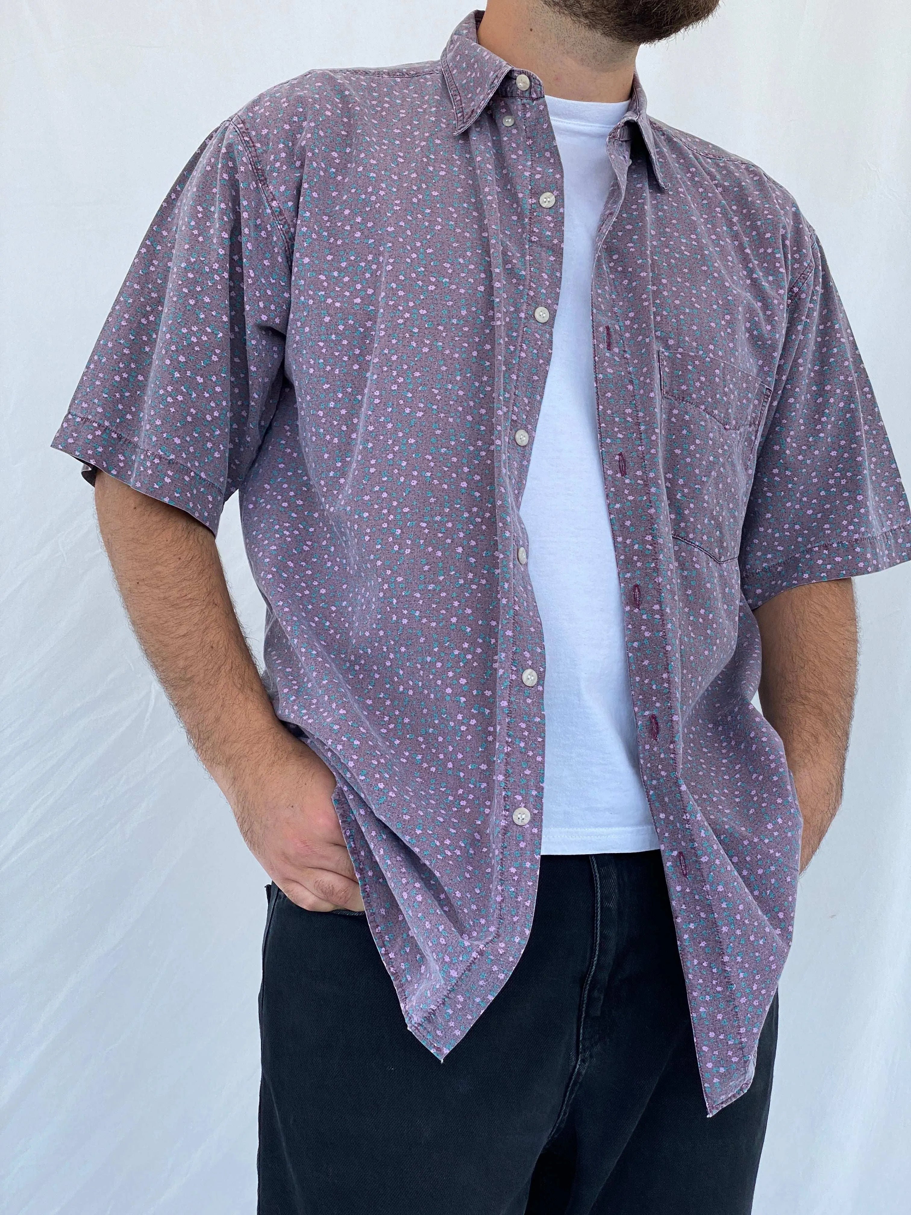 Vintage Shah Safari Floral Short Sleeve Purple Cotton Shirt - L - Balagan Vintage Half Sleeve Shirt 90s, half sleeve shirt, Iyad, mens shirt, printed shirt