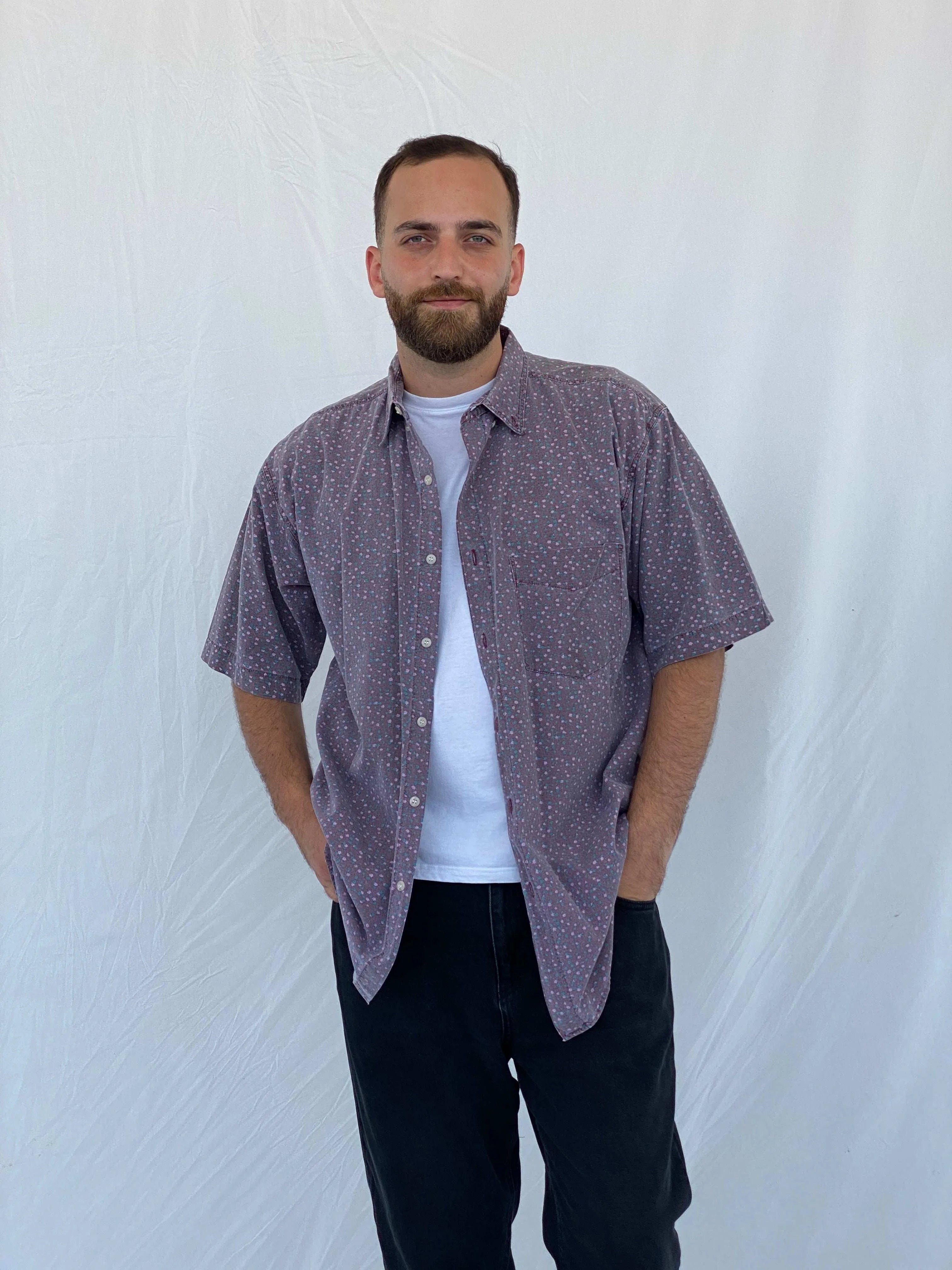 Vintage Shah Safari Floral Short Sleeve Purple Cotton Shirt - L - Balagan Vintage Half Sleeve Shirt 90s, half sleeve shirt, Iyad, mens shirt, printed shirt