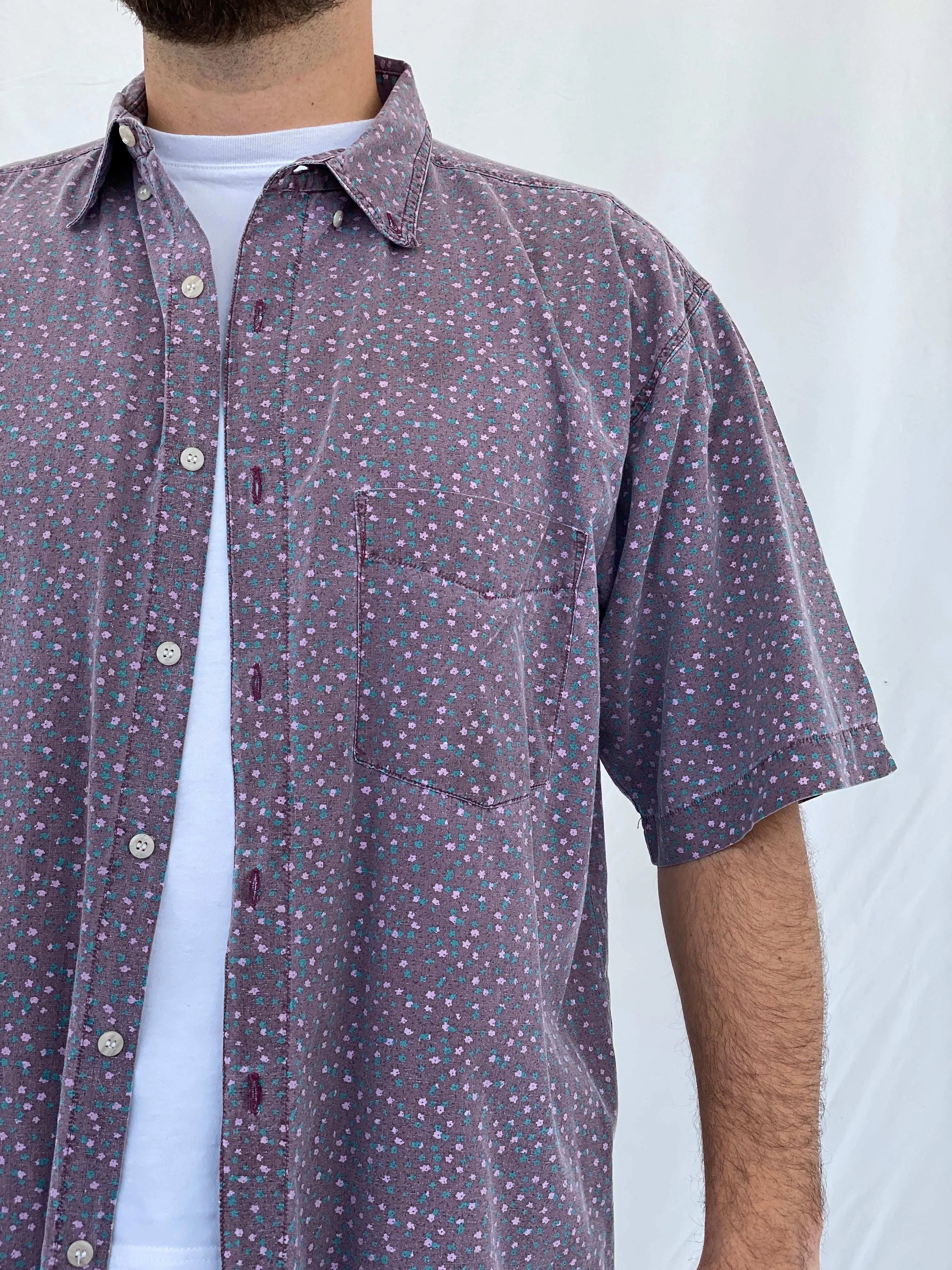 Vintage Shah Safari Floral Short Sleeve Purple Cotton Shirt - L - Balagan Vintage Half Sleeve Shirt 90s, half sleeve shirt, Iyad, mens shirt, printed shirt