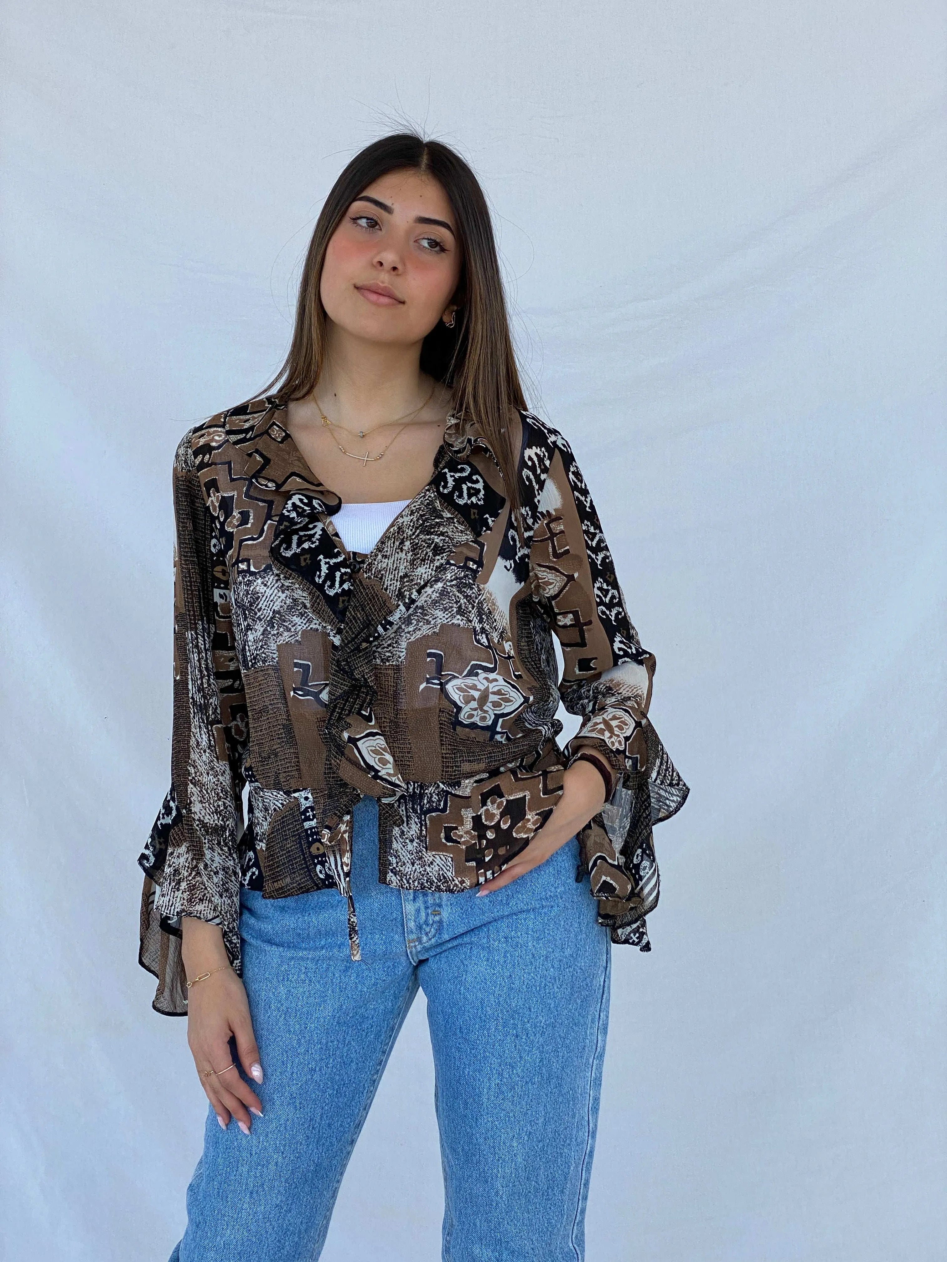 Vintage Sheer Boho Print Brown Cardigan Top - Size M - Balagan Vintage Cardigan 90s, cardigan, Juana, sheer, sheer shirt