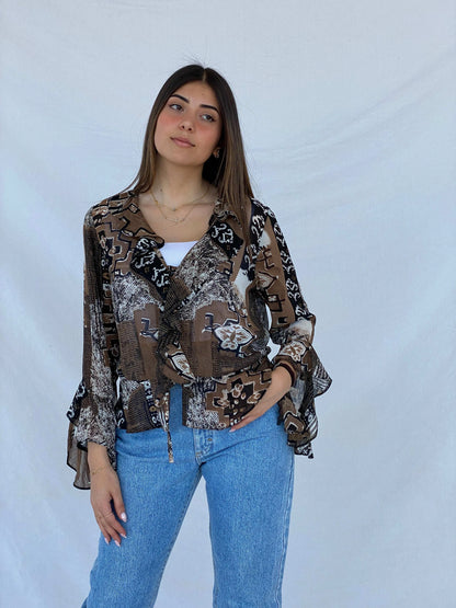 Vintage Sheer Boho Print Brown Cardigan Top - Size M - Balagan Vintage Cardigan 90s, cardigan, Juana, sheer, sheer shirt