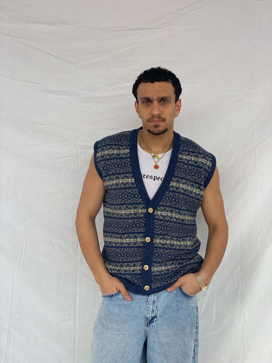 Vintage Shetland Navy Button-Up Knitted Sweater Vest - Size L - Balagan Vintage Vest 90s, Abdullah, vest, winter