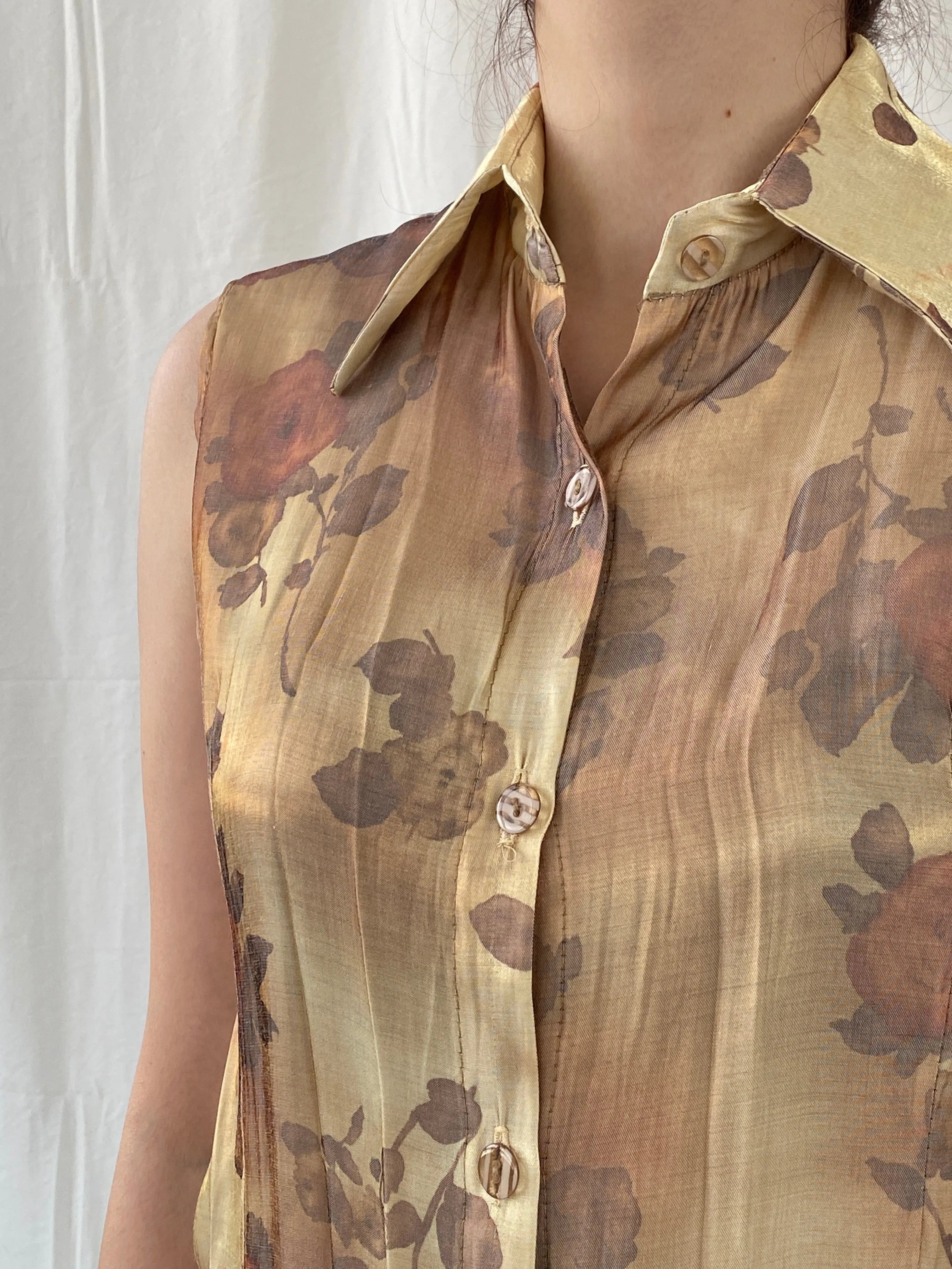 Vintage Shimmery Gold Women’s Buttoned Floral Sleeveless Shirt - M - Balagan Vintage Sleeveless Top 00s, Ayah, floral, floral shirt, sheer, shirt, sleeveless top, women shirt