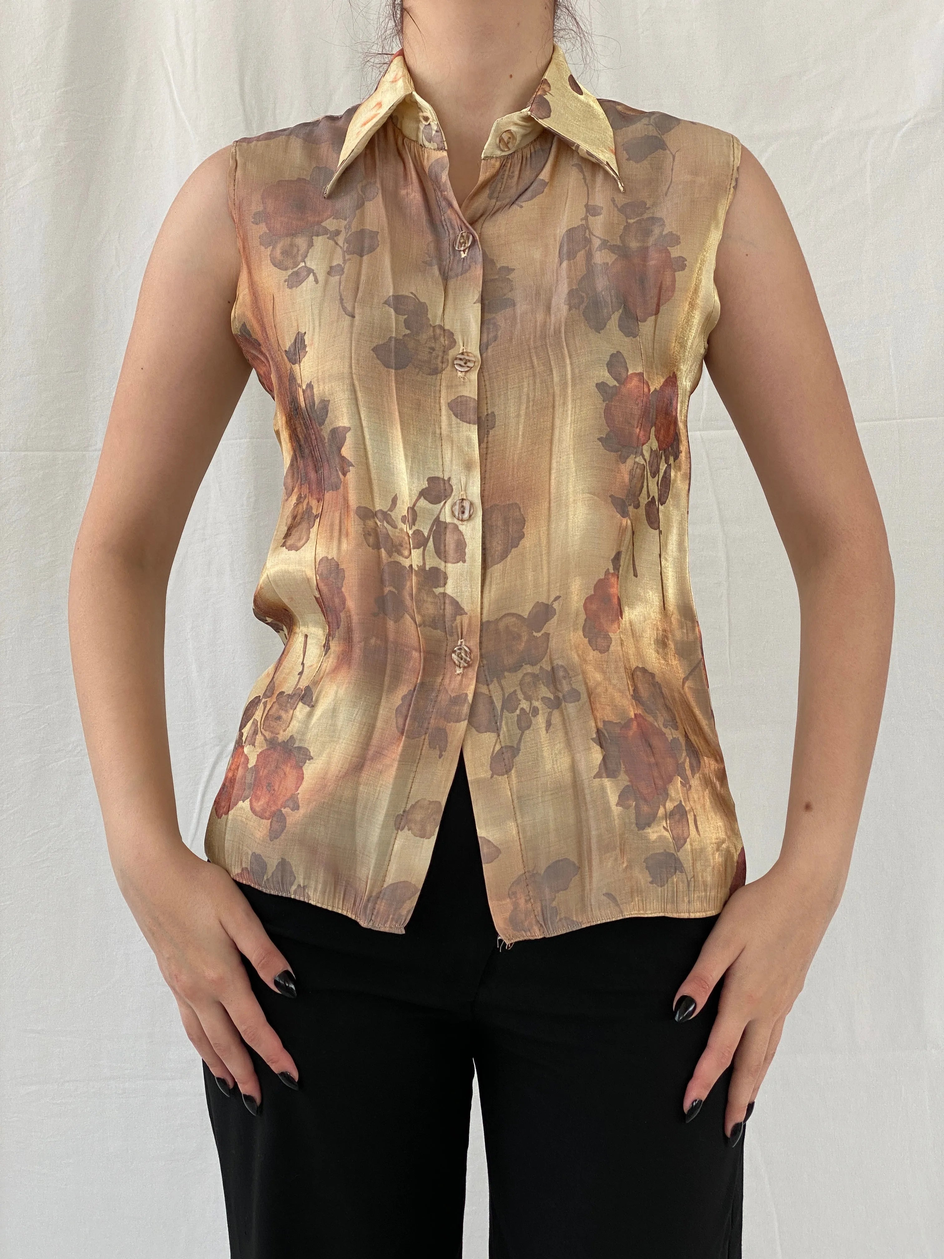 Vintage Shimmery Gold Women’s Buttoned Floral Sleeveless Shirt - M - Balagan Vintage Sleeveless Top 00s, Ayah, floral, floral shirt, sheer, shirt, sleeveless top, women shirt