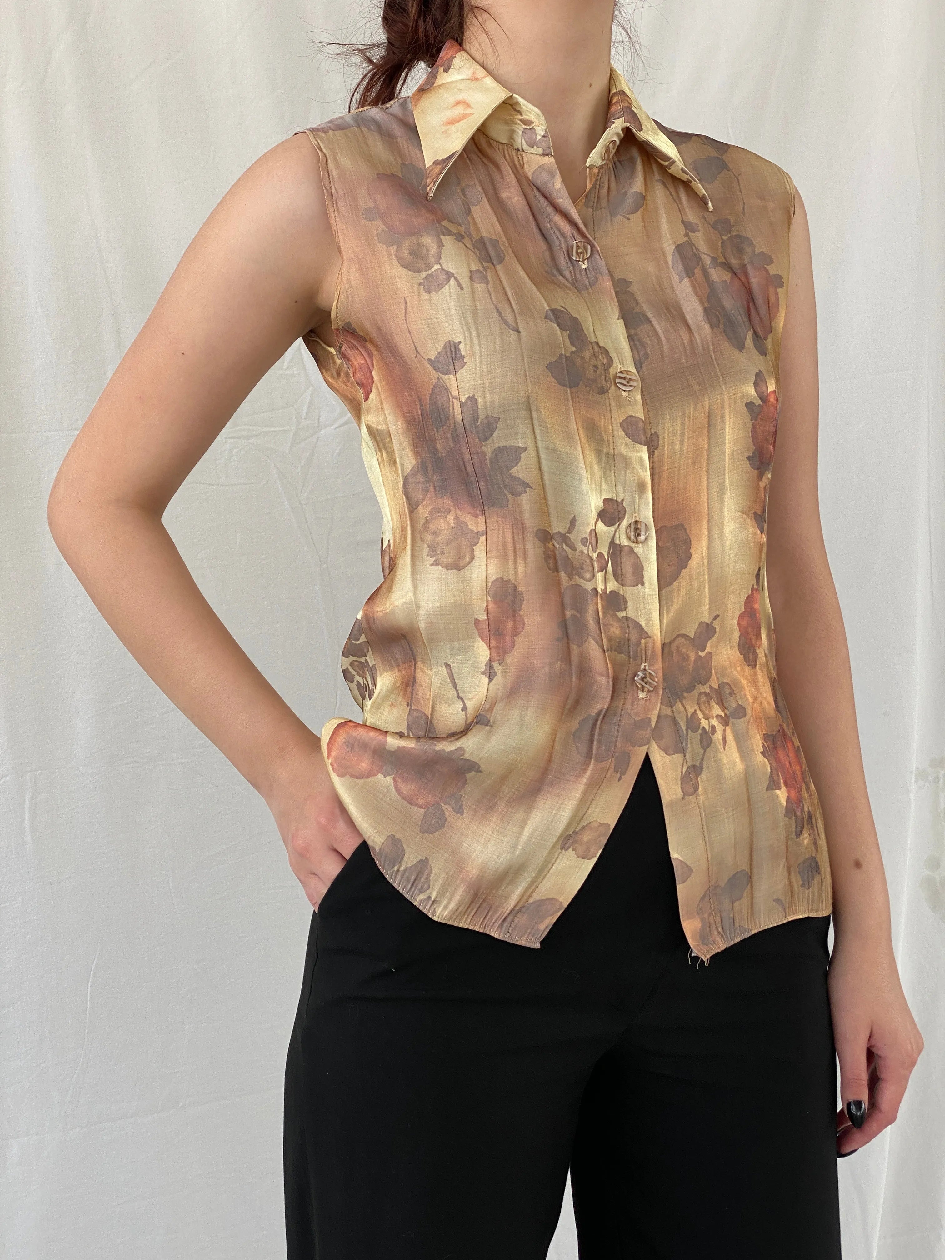 Vintage Shimmery Gold Women’s Buttoned Floral Sleeveless Shirt - M - Balagan Vintage Sleeveless Top 00s, Ayah, floral, floral shirt, sheer, shirt, sleeveless top, women shirt