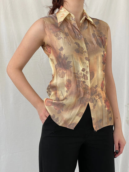 Vintage Shimmery Gold Women’s Buttoned Floral Sleeveless Shirt - M - Balagan Vintage Sleeveless Top 00s, Ayah, floral, floral shirt, sheer, shirt, sleeveless top, women shirt