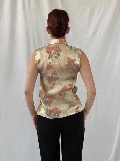 Vintage Shimmery Gold Women’s Buttoned Floral Sleeveless Shirt - M - Balagan Vintage Sleeveless Top 00s, Ayah, floral, floral shirt, sheer, shirt, sleeveless top, women shirt