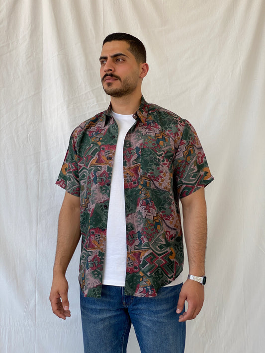 Vintage Shizhuang Abstract Men’s Short Sleeve Green Geometric Shirt - L - Balagan Vintage Half Sleeve Shirt 90s, half sleeve shirt, Hawaiian shirt, mens shirt, printed shirt, Ramez, silk