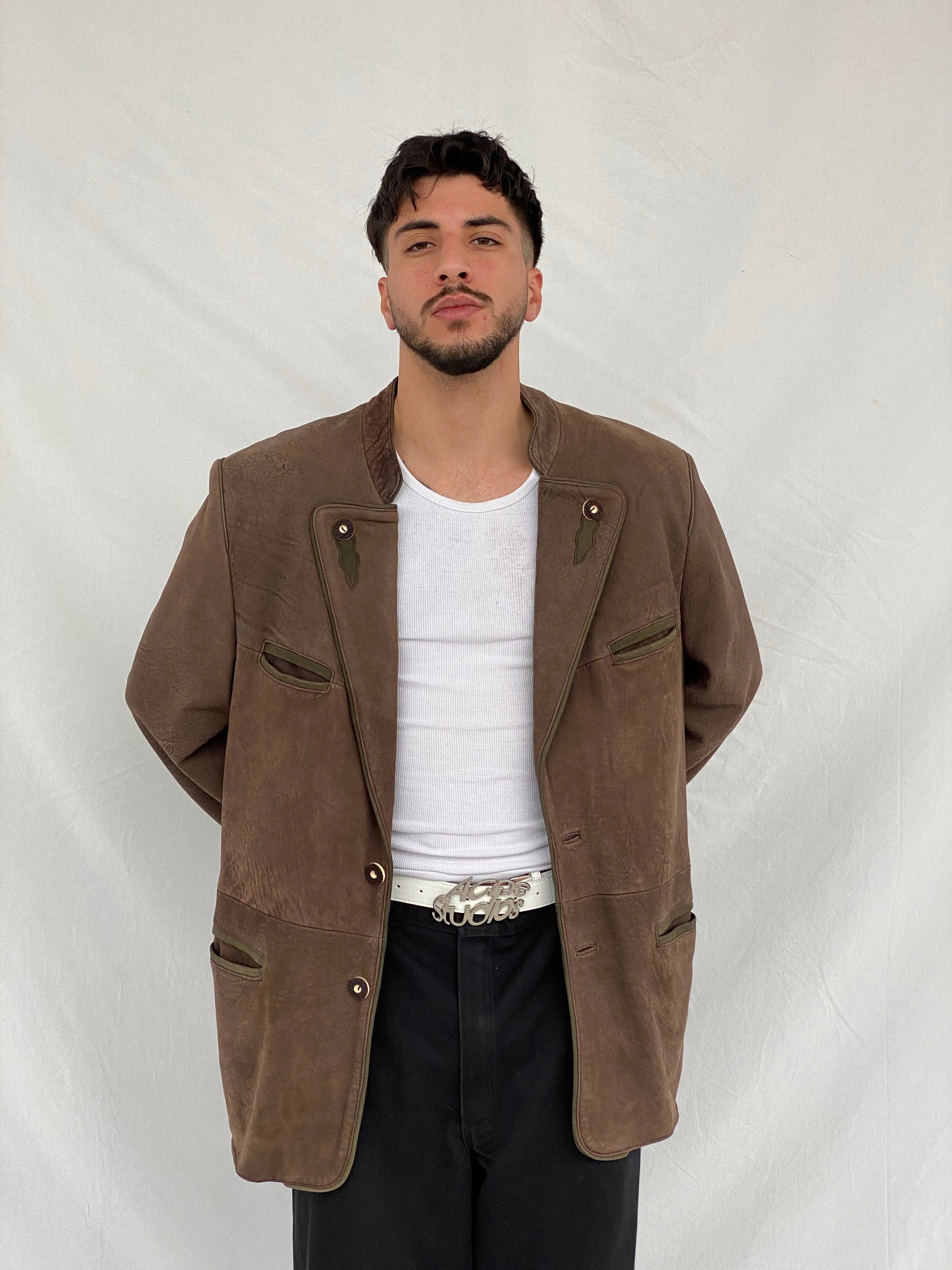 Vintage Solo Die Irocni Men’s Brown Genuine Leather Oversized Shooting Blazer Jacket - L - Balagan Vintage Leather Jacket brown leather, genuine leather, genuine leather jacket, Hamza, men, mens jackets