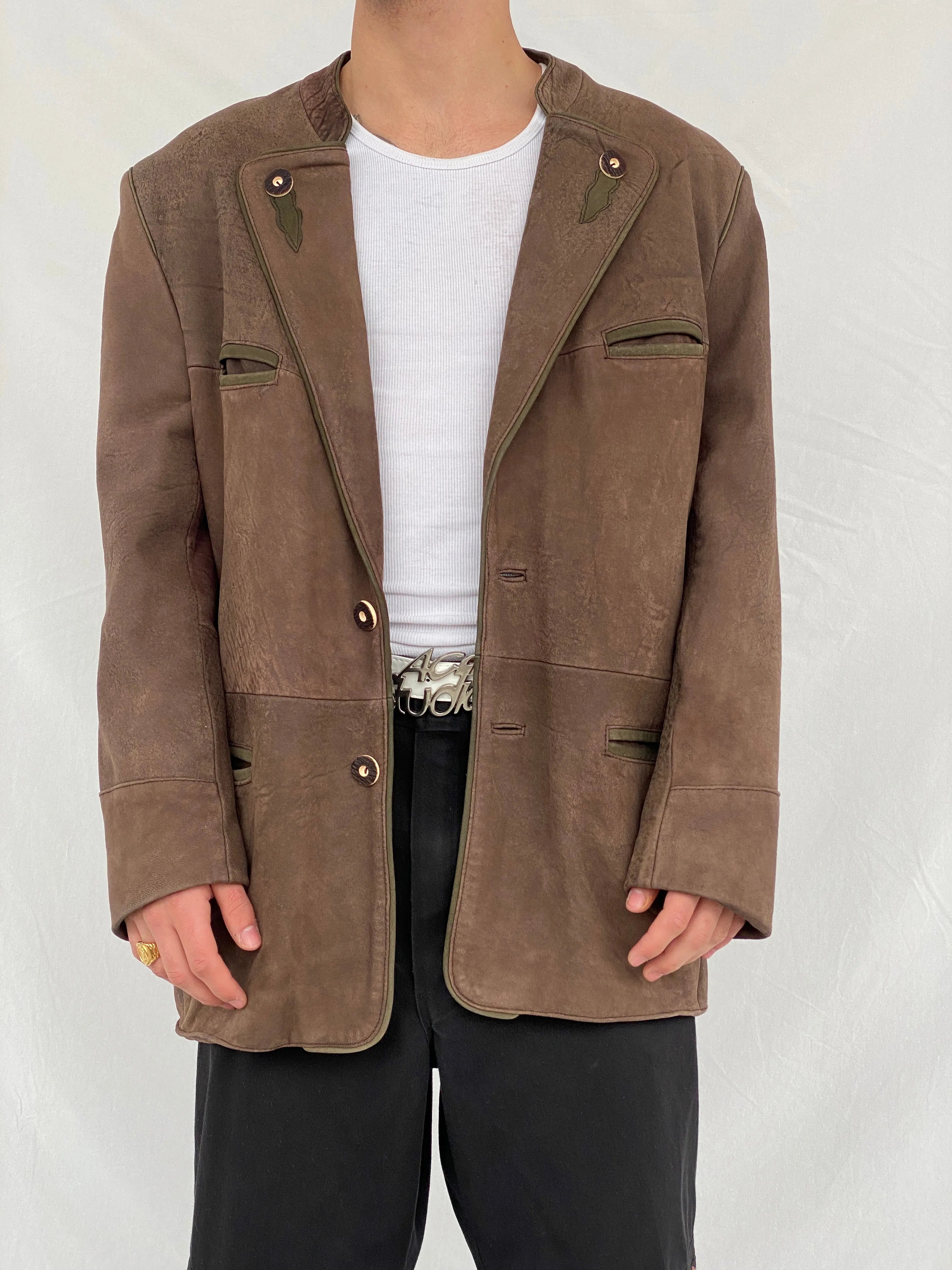 Vintage Solo Die Irocni Men’s Brown Genuine Leather Oversized Shooting Blazer Jacket - L - Balagan Vintage Leather Jacket brown leather, genuine leather, genuine leather jacket, Hamza, men, mens jackets