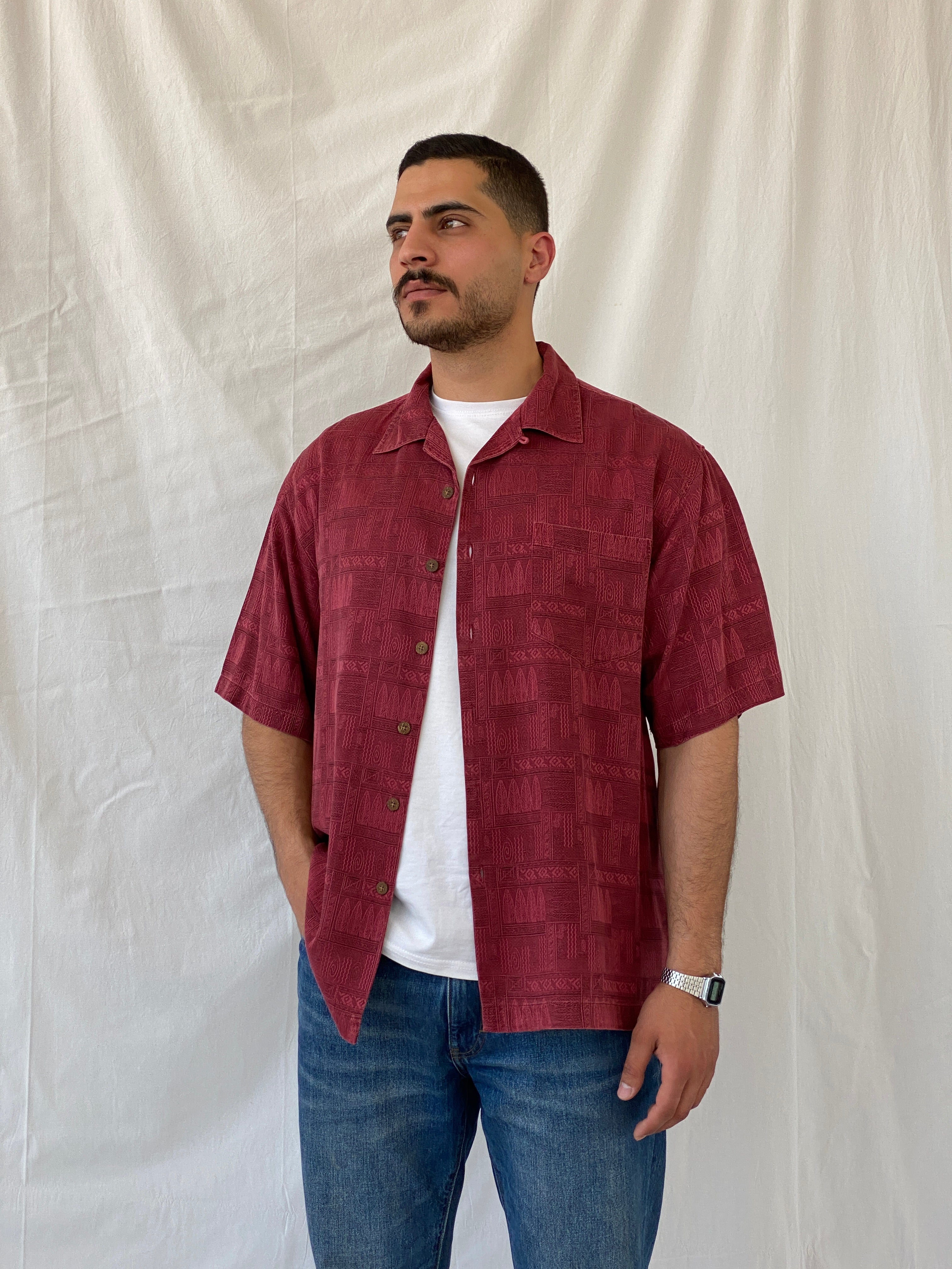 Vintage St. John’s Bay Men’s Short Sleeve Burgundy Hawaiian Silk Shirt - L - Balagan Vintage Half Sleeve Shirt 90s, half sleeve shirt, Hawaiian shirt, mens shirt, printed shirt, Ramez, silk, silk shirt