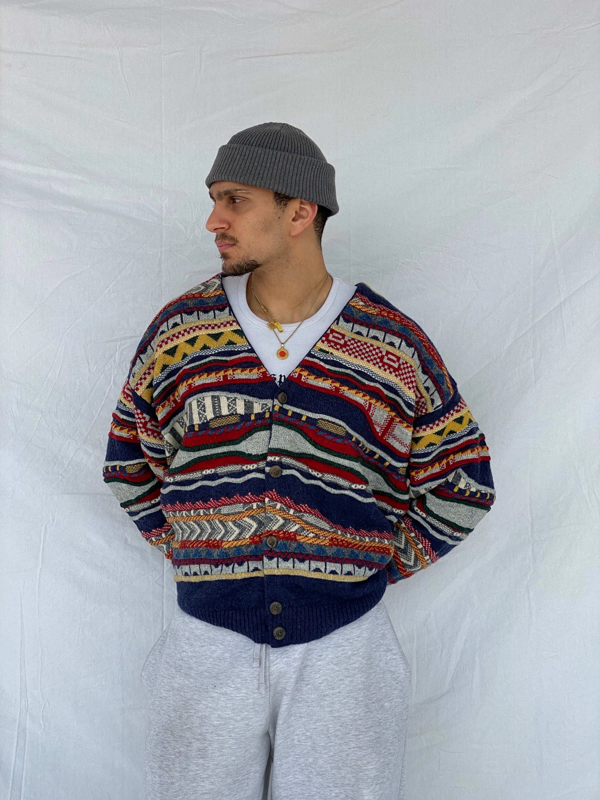 Vintage State of Art Coogi-Style Knitted Multi-Colored Cardigan Sweater  Size XL XL Multi-colored