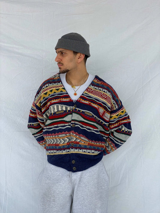 Vintage State of Art Coogi-Style Knitted Multi-Colored Cardigan Sweater - Size XL - Balagan Vintage Cardigan 90s, Abdullah, cardigan, knitted cardigan, knitted sweater, oversized sweater, vintage sweater, winter