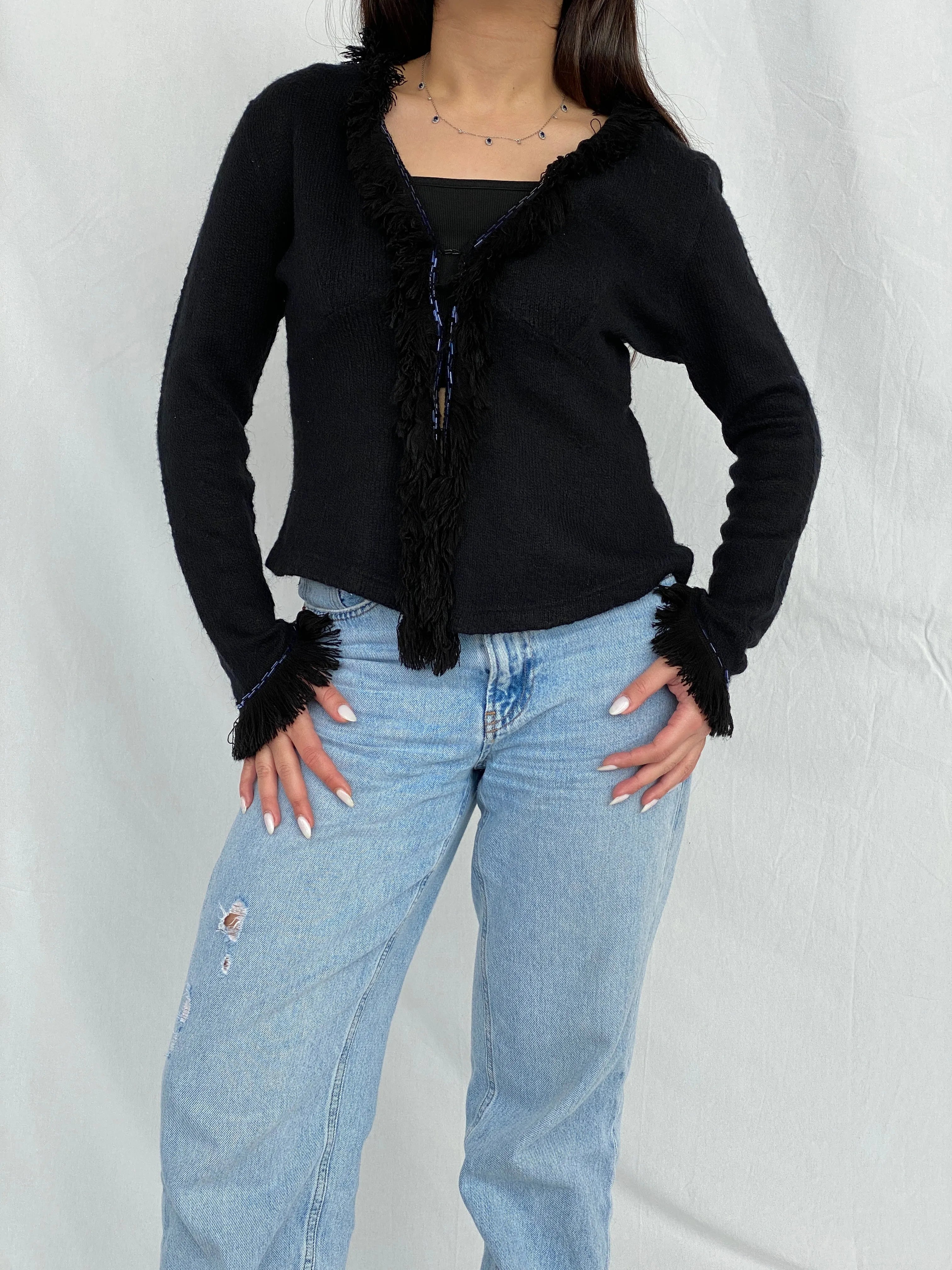 Vintage STENIA Sport Black Knit Beaded Cardigan with Fringed Collar - L - Balagan Vintage Cardigan 00s, cardigan, Fatima, knit, knitted cardigan, women top, wool