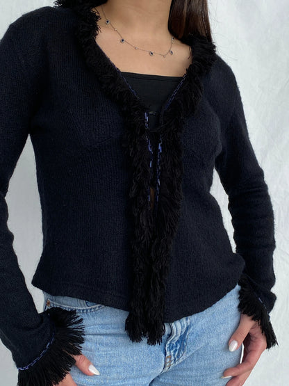 Vintage STENIA Sport Black Knit Beaded Cardigan with Fringed Collar - L - Balagan Vintage Cardigan 00s, cardigan, Fatima, knit, knitted cardigan, women top, wool