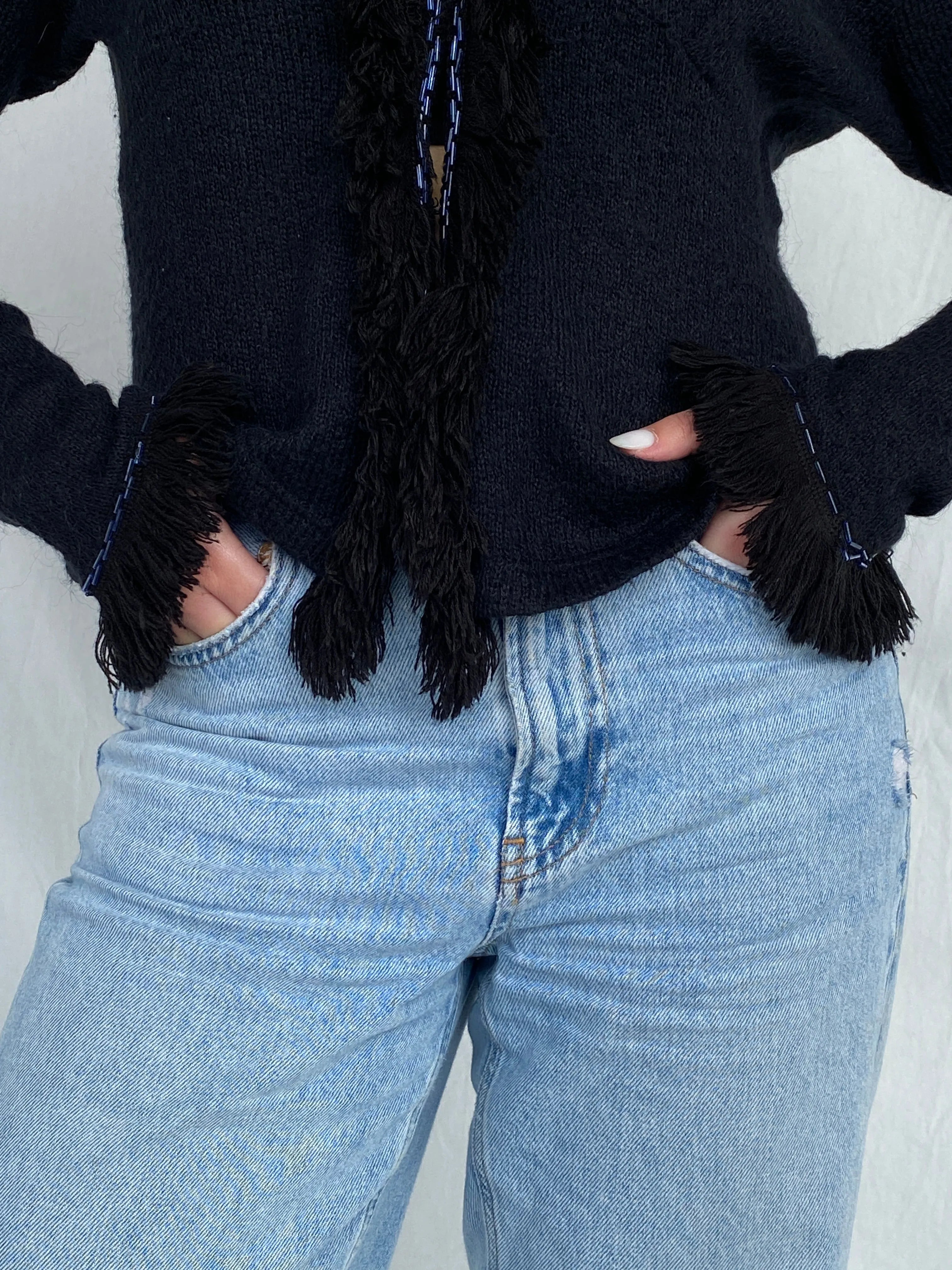 Vintage STENIA Sport Black Knit Beaded Cardigan with Fringed Collar - L - Balagan Vintage Cardigan 00s, cardigan, Fatima, knit, knitted cardigan, women top, wool