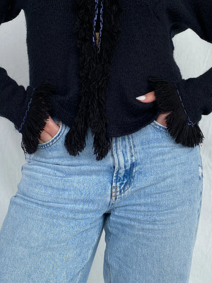 Vintage STENIA Sport Black Knit Beaded Cardigan with Fringed Collar - L - Balagan Vintage Cardigan 00s, cardigan, Fatima, knit, knitted cardigan, women top, wool