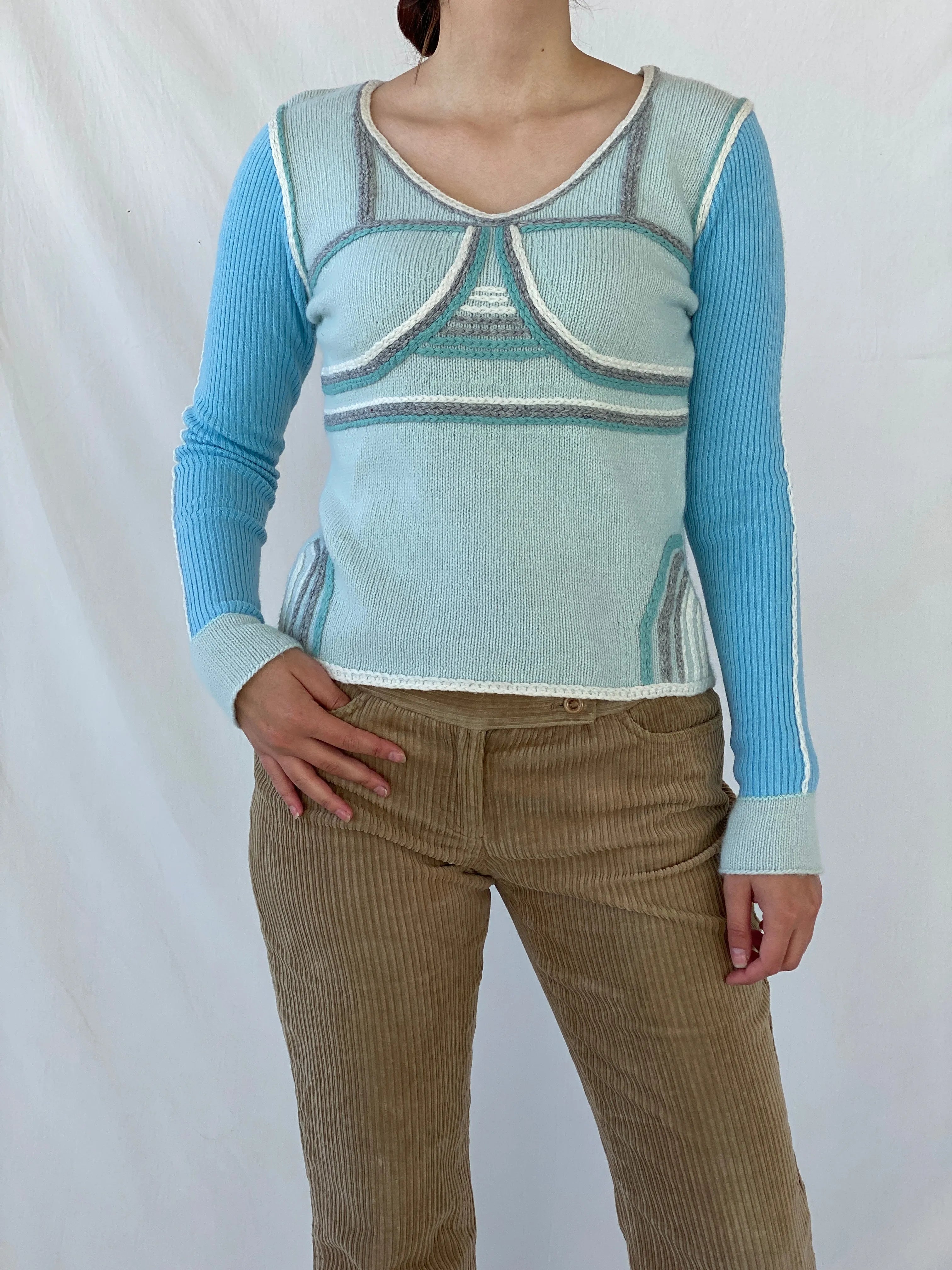 Vintage SUCHITA Rib Knit Pastel Blues Wool Long Sleeve Top - M - Balagan Vintage 00s, 90s, Ayah, women top