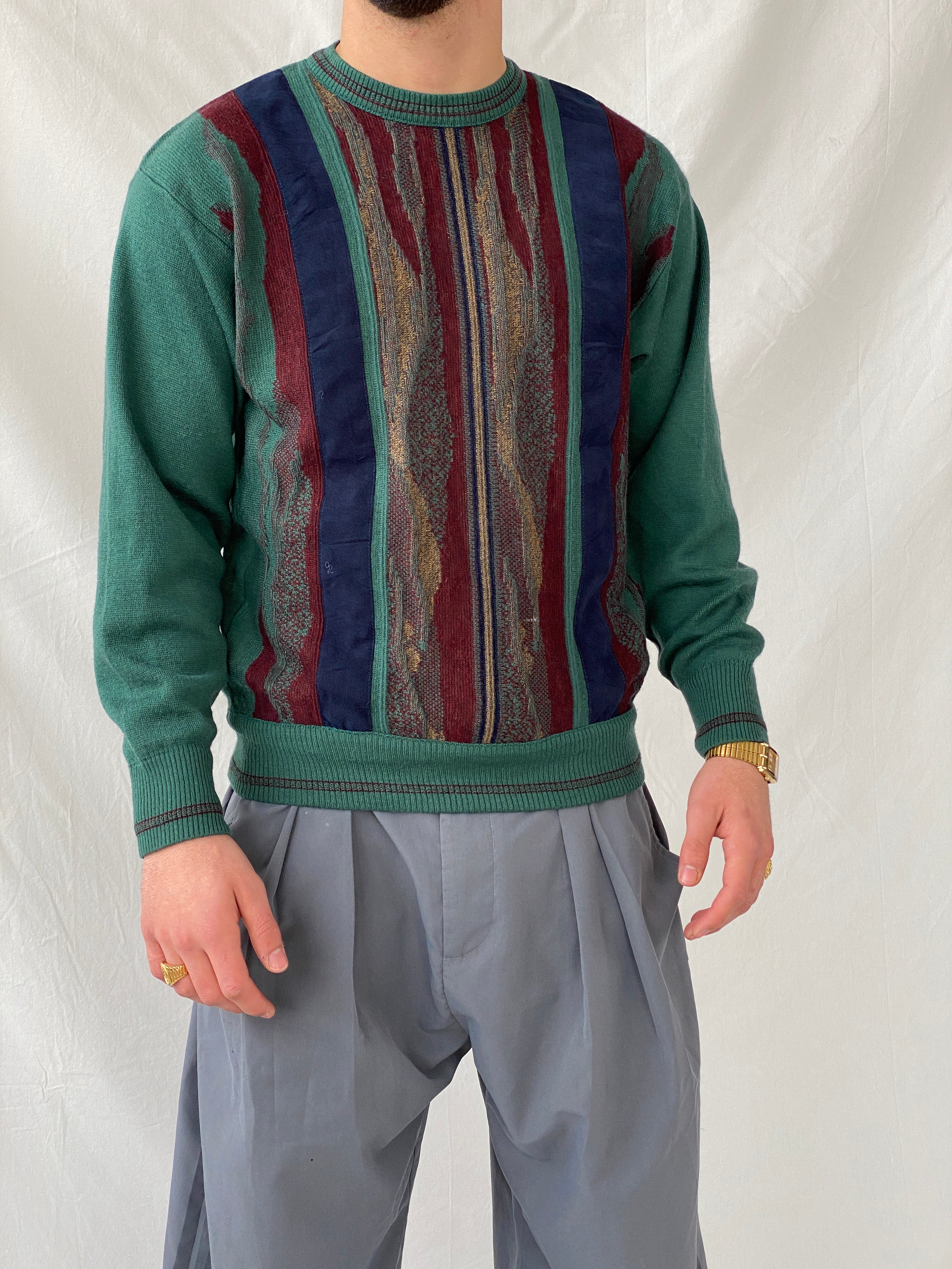 Vintage Summerland Men’s Green 3D Stripe Pattern Coogi-Style Crew Neck Knitted Sweater - M - Balagan Vintage Sweater 90s, Hamza, knit, knitted, knitted sweater, men, NEW IN, streetwear, vintage, vintage sweater, winter