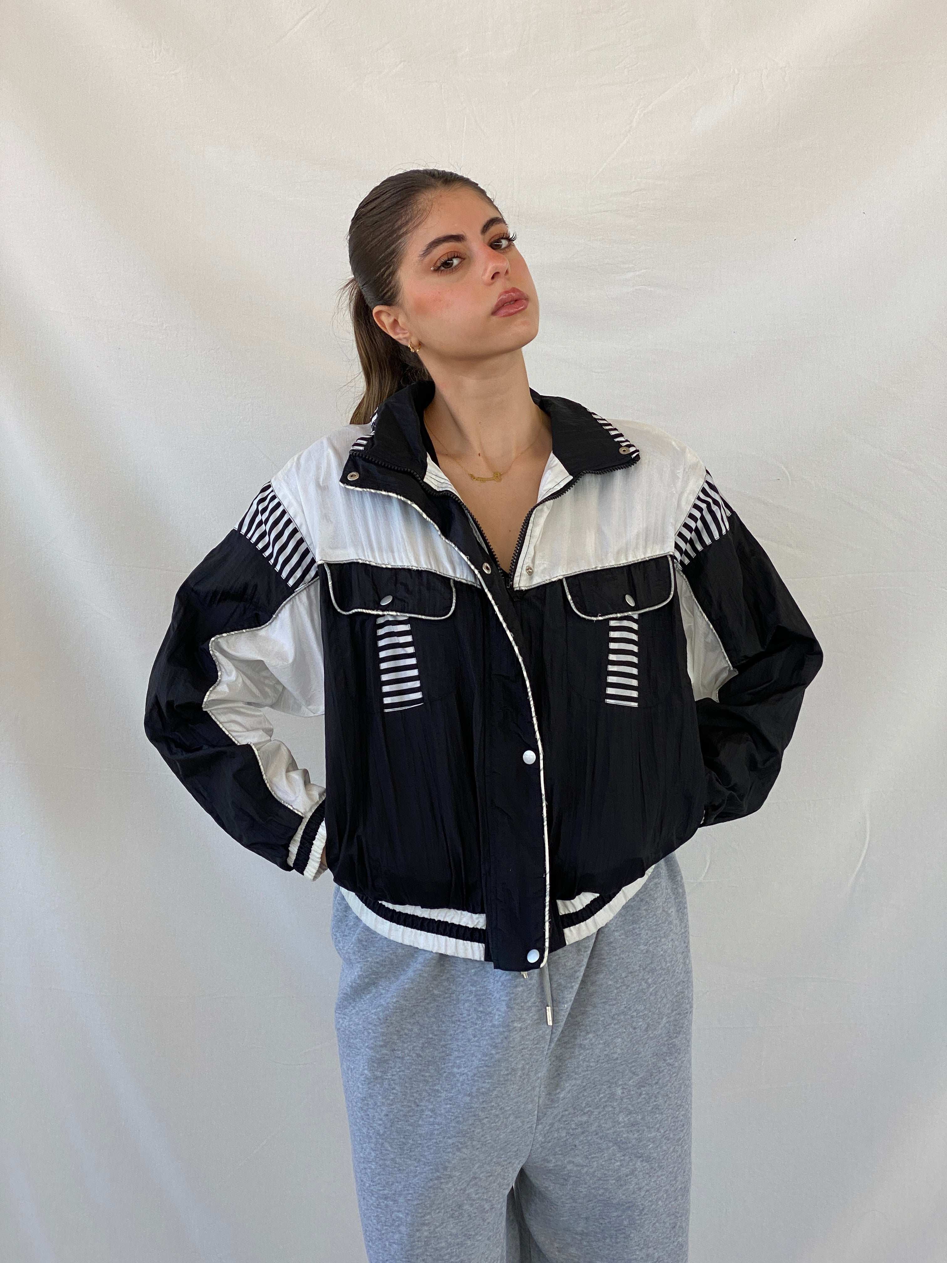 Vintage SUNTERRA Black and White Windbreaker Track Jacket - M - Balagan Vintage Windbreaker Jacket 00s, Mira, vintage, vintage windbreaker, windbreaker, windbreaker jacket, women