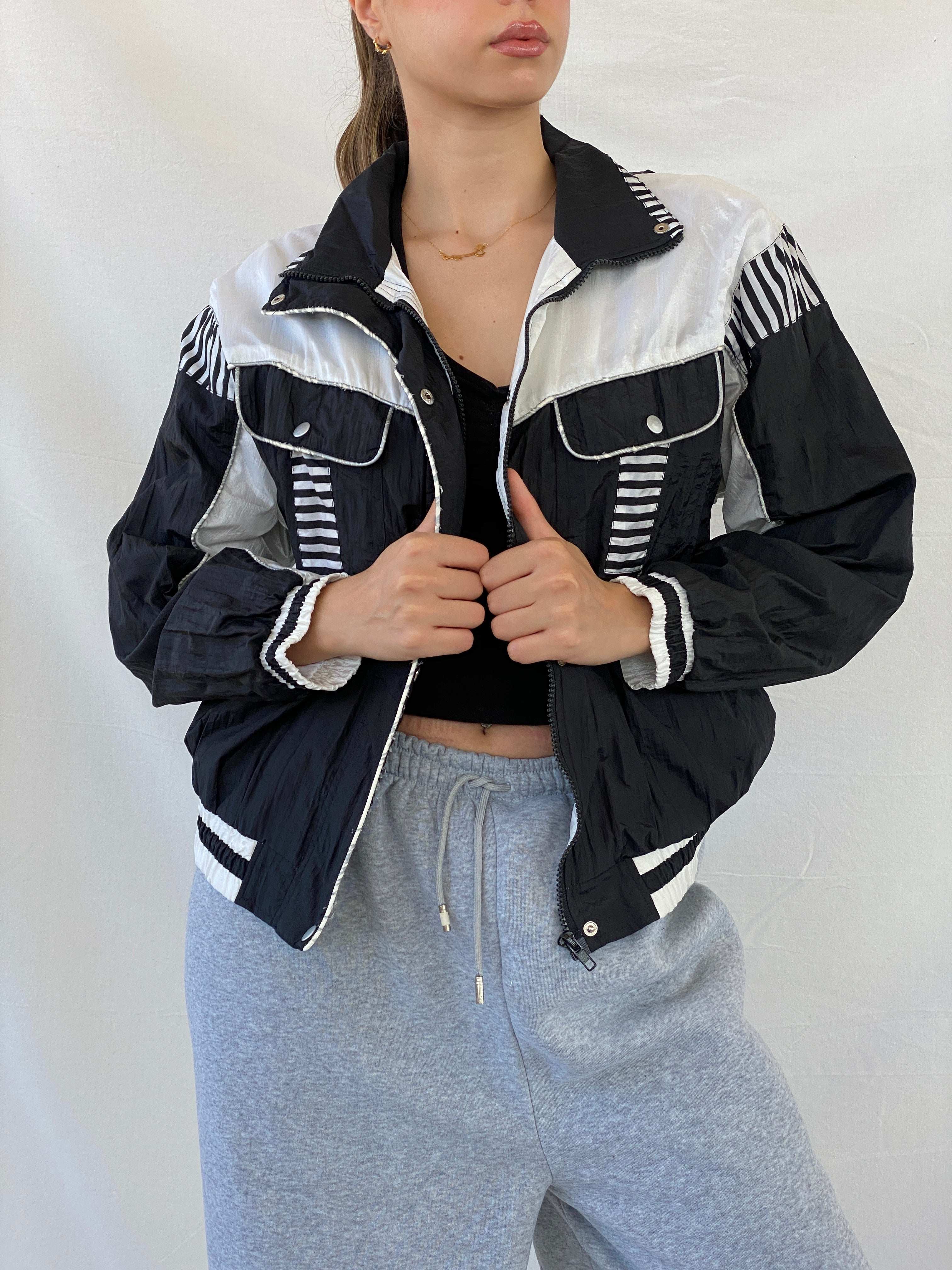 Vintage SUNTERRA Black and White Windbreaker Track Jacket - M - Balagan Vintage Windbreaker Jacket 00s, Mira, vintage, vintage windbreaker, windbreaker, windbreaker jacket, women