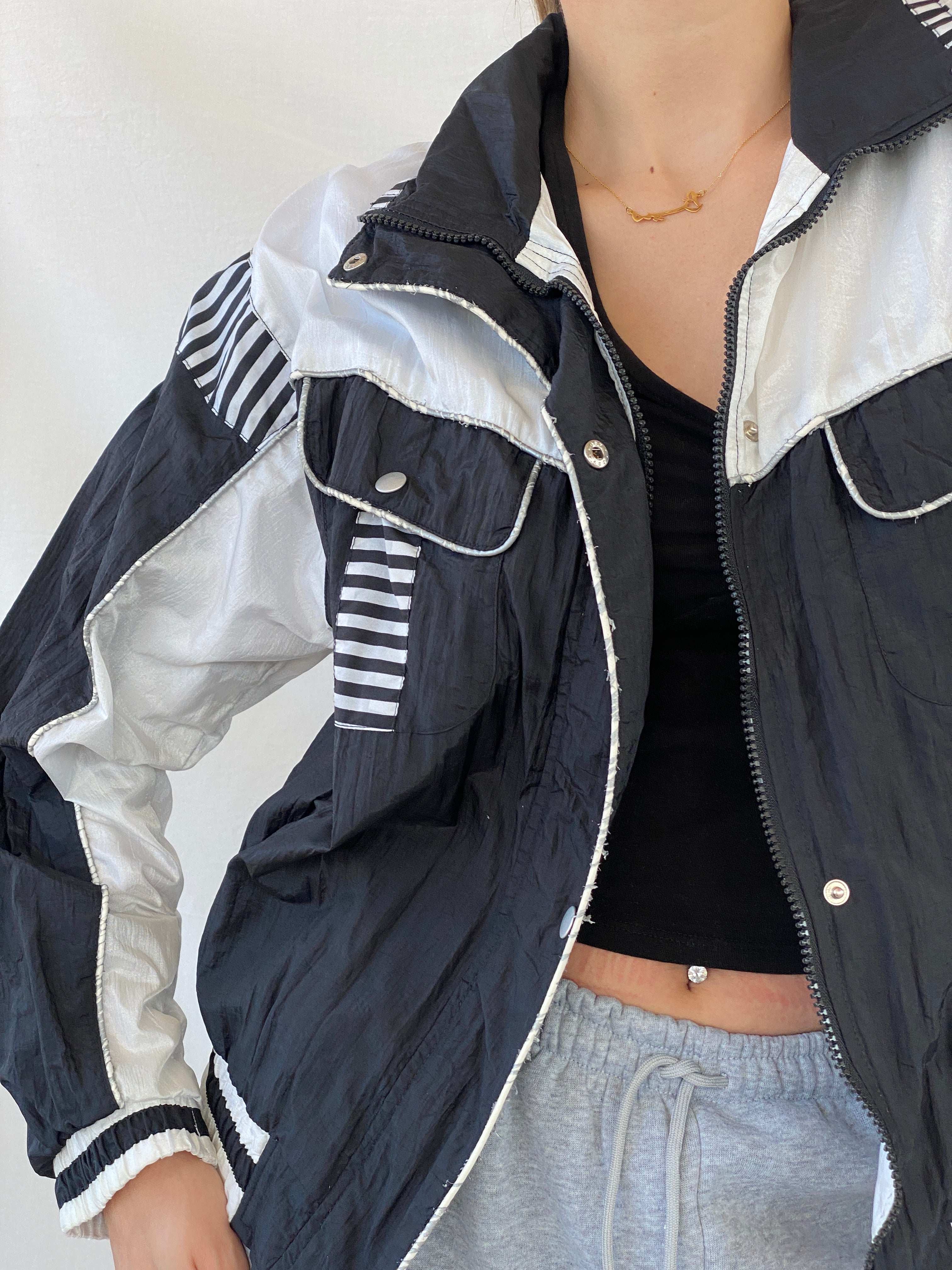 Vintage SUNTERRA Black and White Windbreaker Track Jacket - M - Balagan Vintage Windbreaker Jacket 00s, Mira, vintage, vintage windbreaker, windbreaker, windbreaker jacket, women