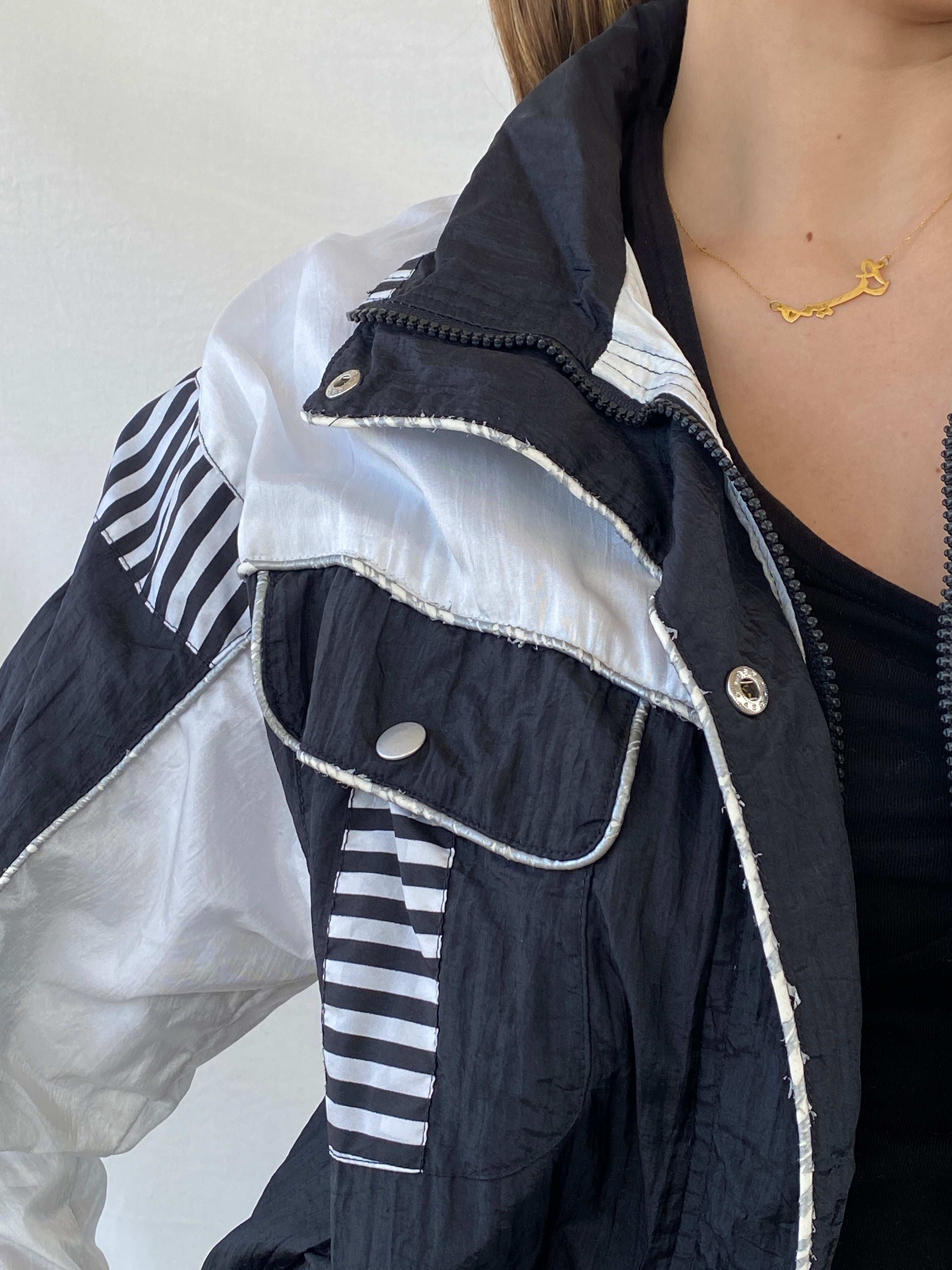 Vintage SUNTERRA Black and White Windbreaker Track Jacket - M - Balagan Vintage Windbreaker Jacket 00s, Mira, vintage, vintage windbreaker, windbreaker, windbreaker jacket, women