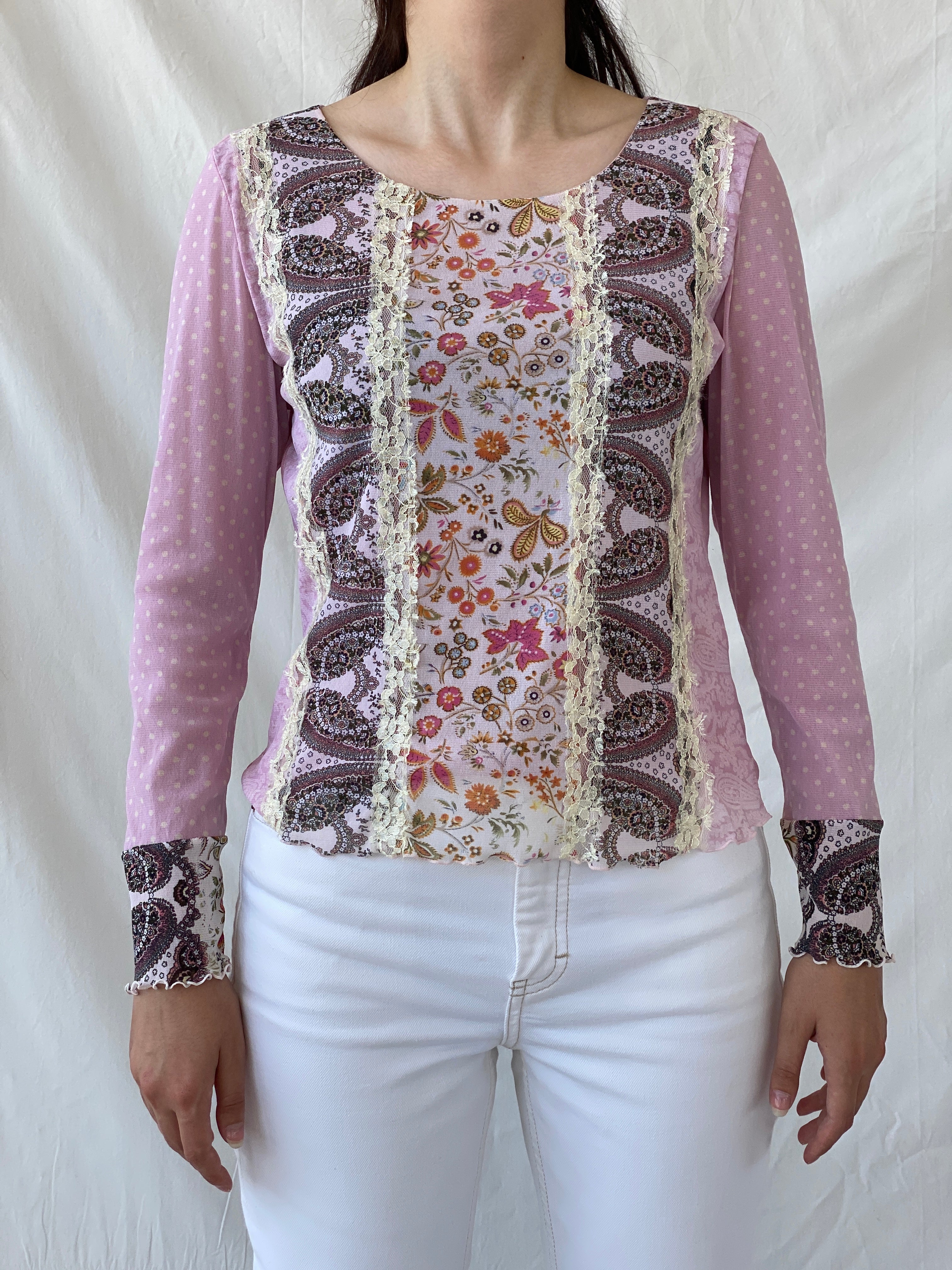 Vintage Taifun Collection Polka Dot Pink Lace Floral Detailing Long Sleeve Girly Coquette Mesh Top - L - Balagan Vintage Full Sleeve Top 90s, Ayah, Boho, Coquette, floral mesh, Girly, mesh, mesh top, NEW IN, summer, Whimsy, women top