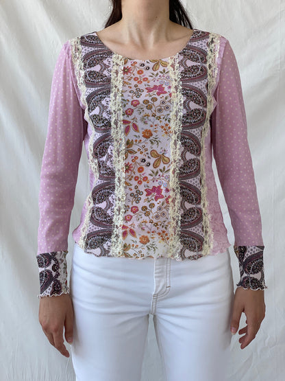 Vintage Taifun Collection Polka Dot Pink Lace Floral Detailing Long Sleeve Girly Coquette Mesh Top - L - Balagan Vintage Full Sleeve Top 90s, Ayah, Boho, Coquette, floral mesh, Girly, mesh, mesh top, NEW IN, summer, Whimsy, women top