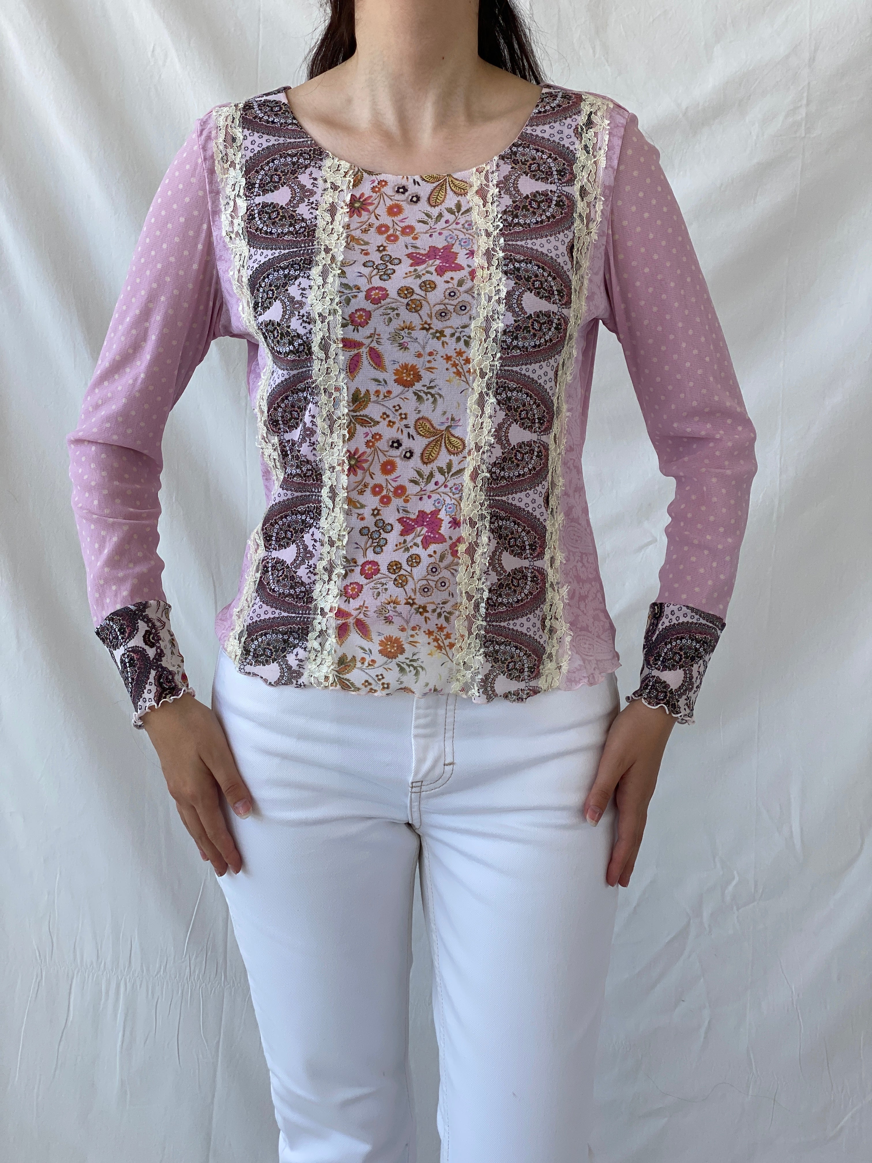 Vintage Taifun Collection Polka Dot Pink Lace Floral Detailing Long Sleeve Girly Coquette Mesh Top - L - Balagan Vintage Full Sleeve Top 90s, Ayah, Boho, Coquette, floral mesh, Girly, mesh, mesh top, NEW IN, summer, Whimsy, women top
