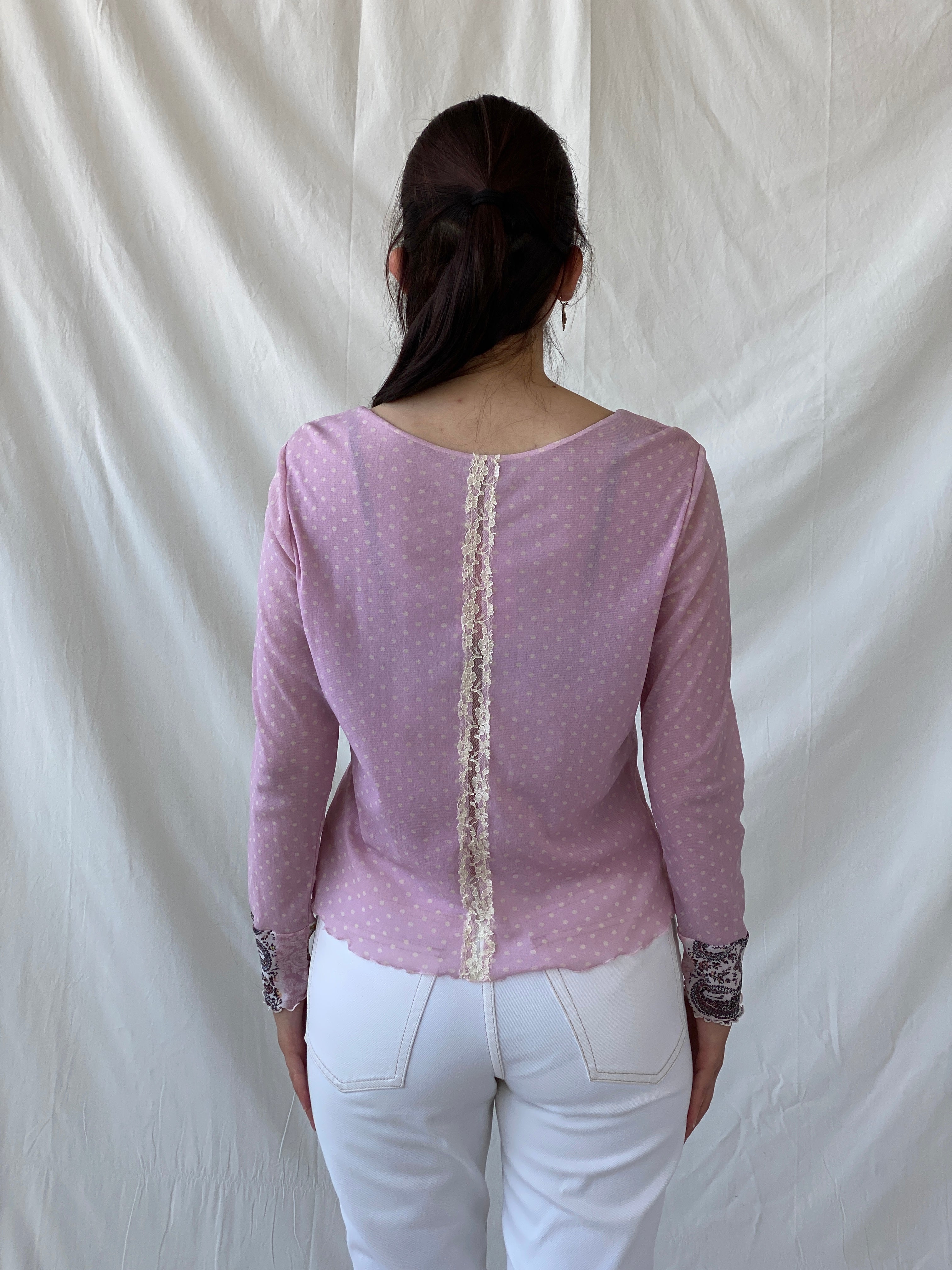 Vintage Taifun Collection Polka Dot Pink Lace Floral Detailing Long Sleeve Girly Coquette Mesh Top - L - Balagan Vintage Full Sleeve Top 90s, Ayah, Boho, Coquette, floral mesh, Girly, mesh, mesh top, NEW IN, summer, Whimsy, women top