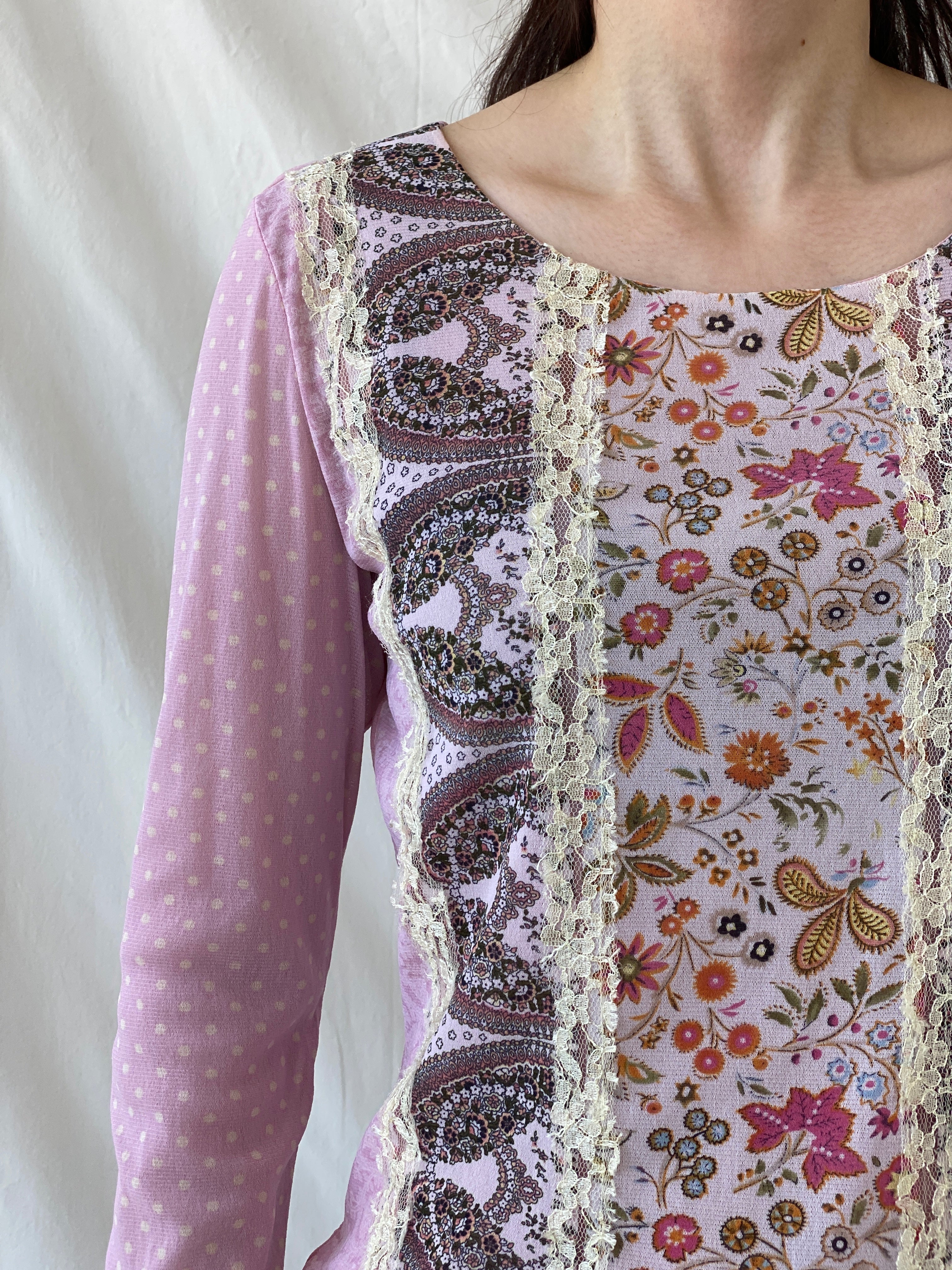 Vintage Taifun Collection Polka Dot Pink Lace Floral Detailing Long Sleeve Girly Coquette Mesh Top - L - Balagan Vintage Full Sleeve Top 90s, Ayah, Boho, Coquette, floral mesh, Girly, mesh, mesh top, NEW IN, summer, Whimsy, women top