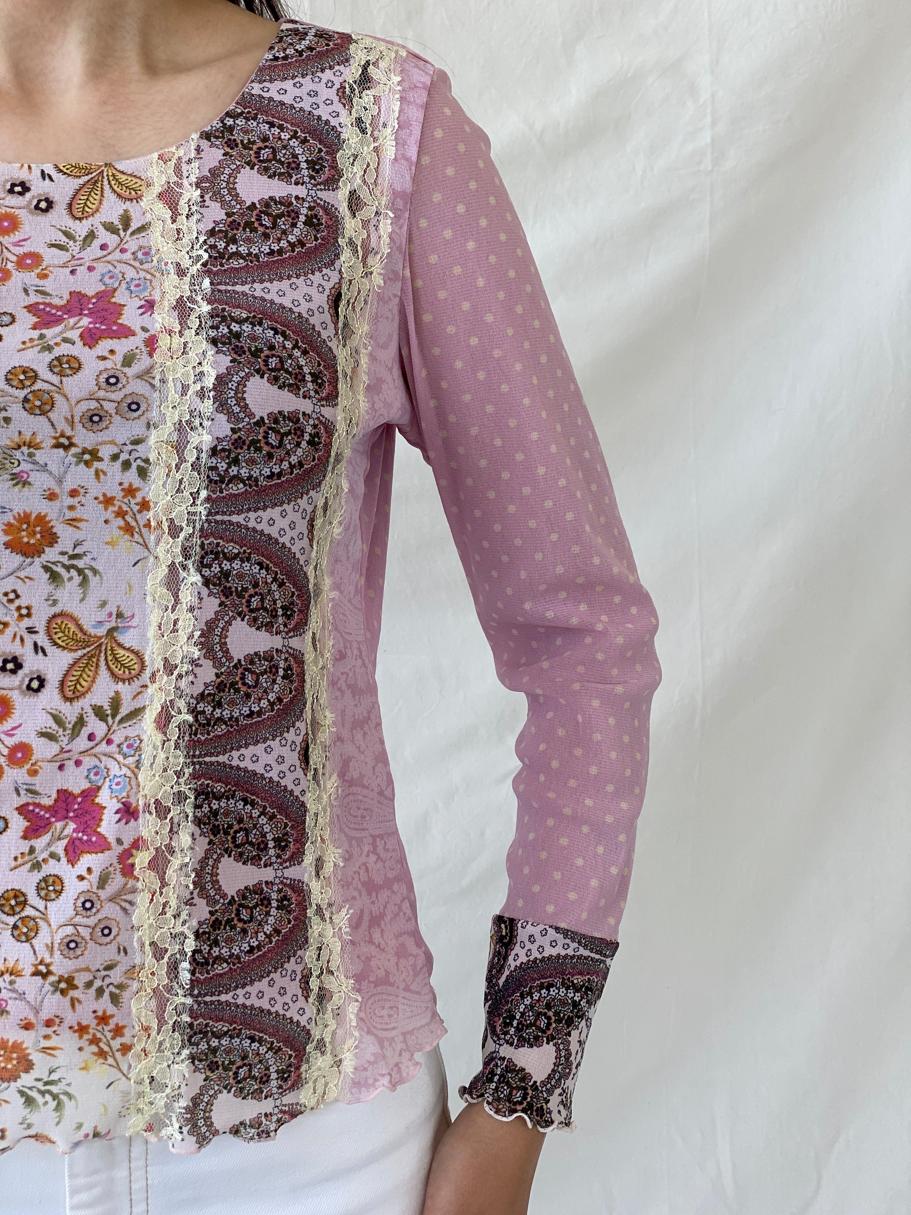 Vintage Taifun Collection Polka Dot Pink Lace Floral Detailing Long Sleeve Girly Coquette Mesh Top - L - Balagan Vintage Full Sleeve Top 90s, Ayah, Boho, Coquette, floral mesh, Girly, mesh, mesh top, NEW IN, summer, Whimsy, women top