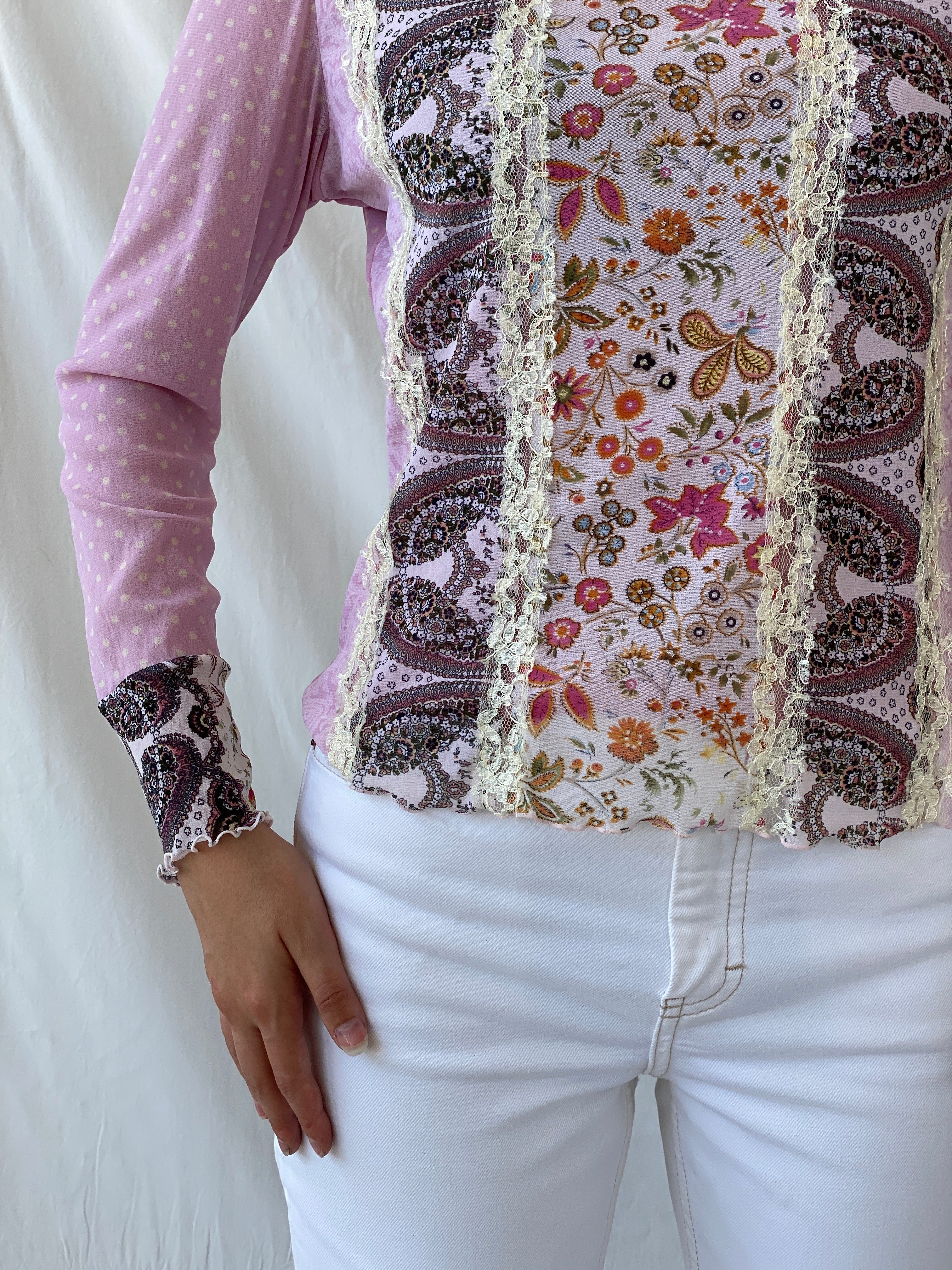 Vintage Taifun Collection Polka Dot Pink Lace Floral Detailing Long Sleeve Girly Coquette Mesh Top - L - Balagan Vintage Full Sleeve Top 90s, Ayah, Boho, Coquette, floral mesh, Girly, mesh, mesh top, NEW IN, summer, Whimsy, women top