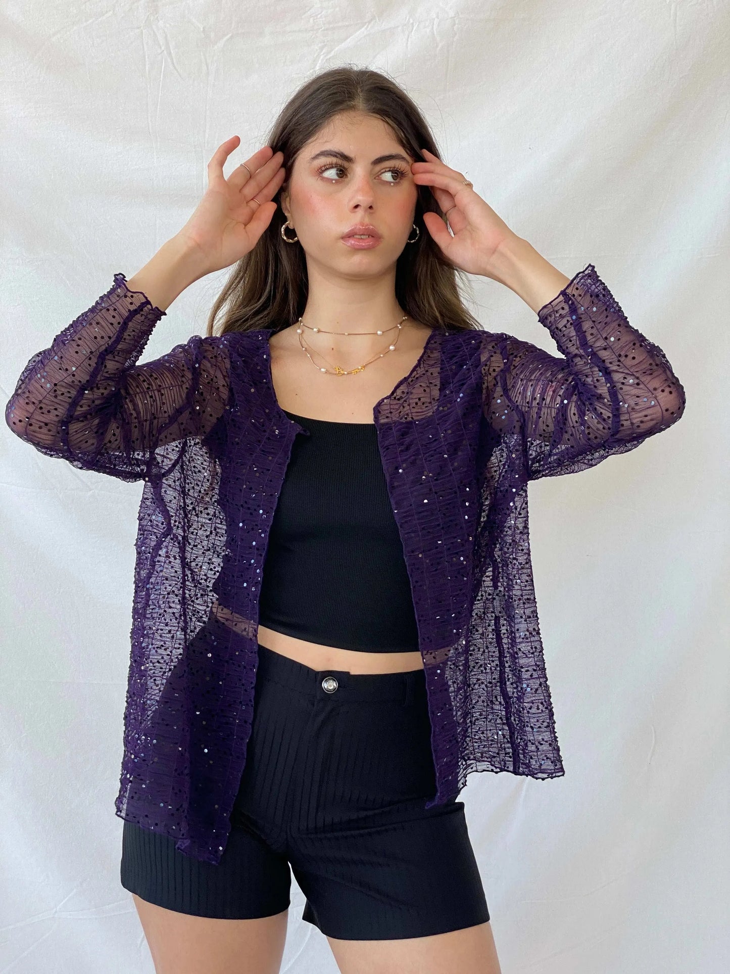 Vintage Talla&Moda Sequined Sheer Purple Cardigan - L - Balagan Vintage Cardigan 00s, 90s, Deals, Mira, Office core, women top