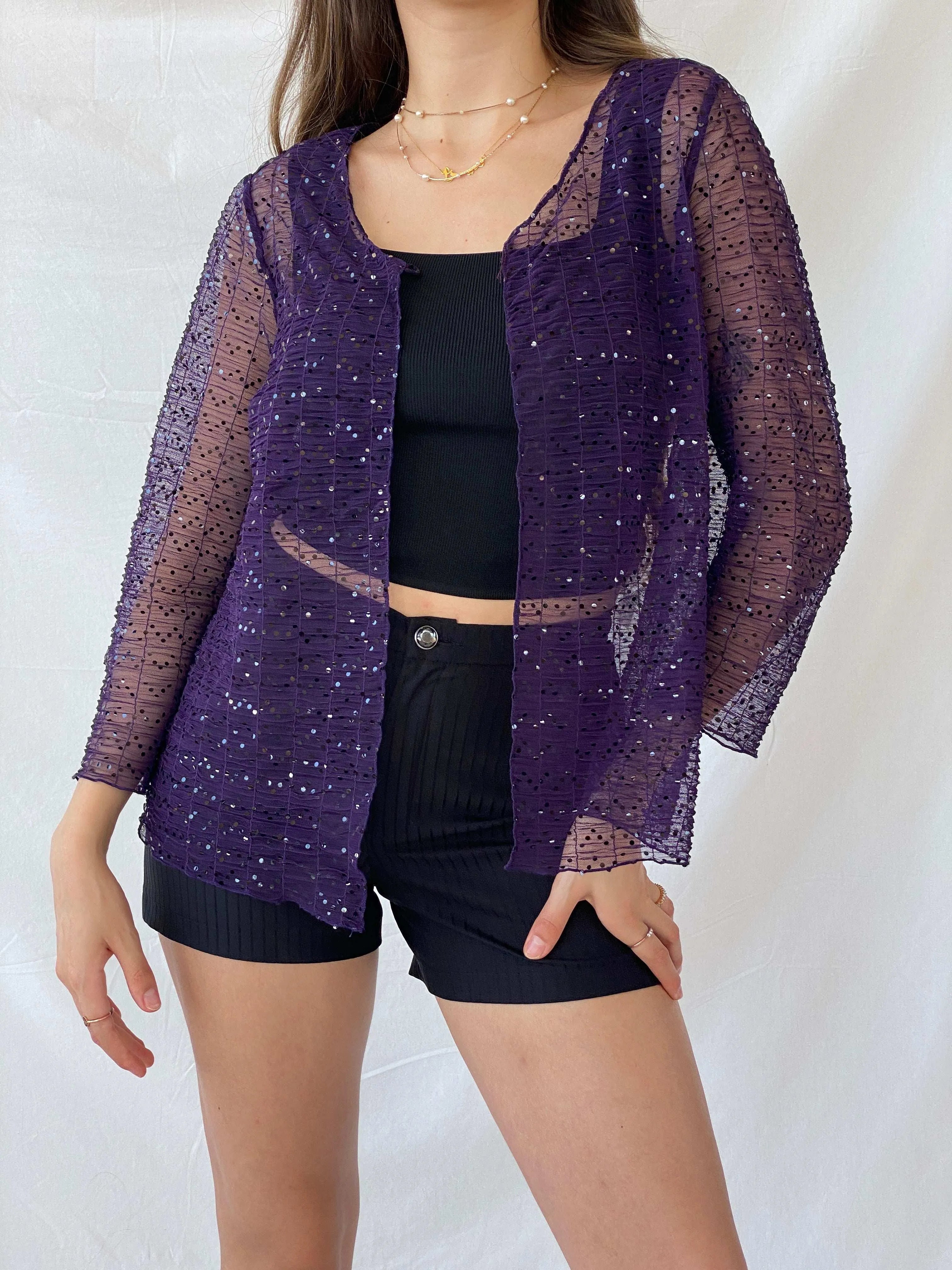Vintage Talla&Moda Sequined Sheer Purple Cardigan - L - Balagan Vintage Cardigan 00s, 90s, Mira, Office core, women top