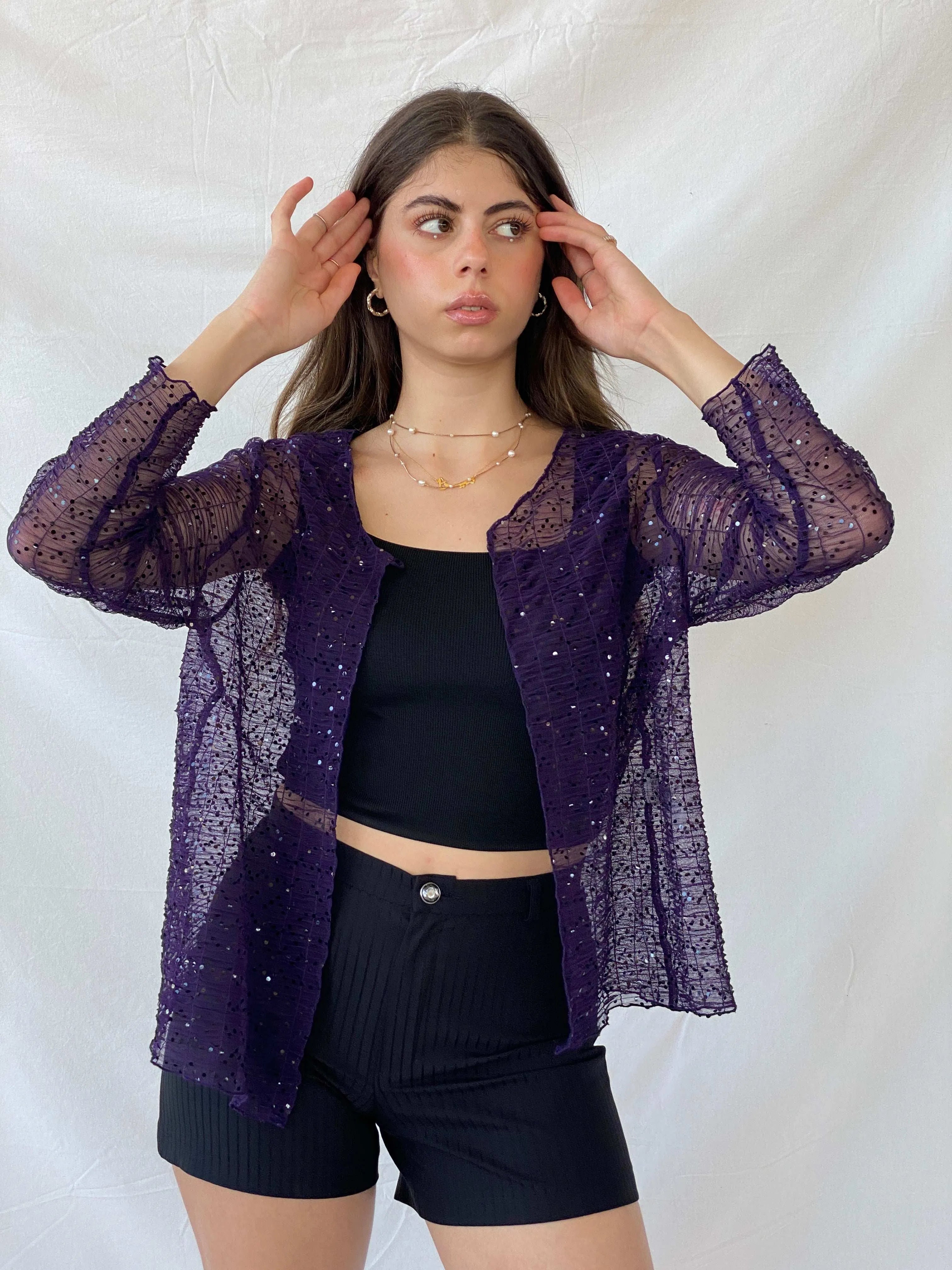 Vintage Talla&Moda Sequined Sheer Purple Cardigan - L - Balagan Vintage Cardigan 00s, 90s, Mira, Office core, women top