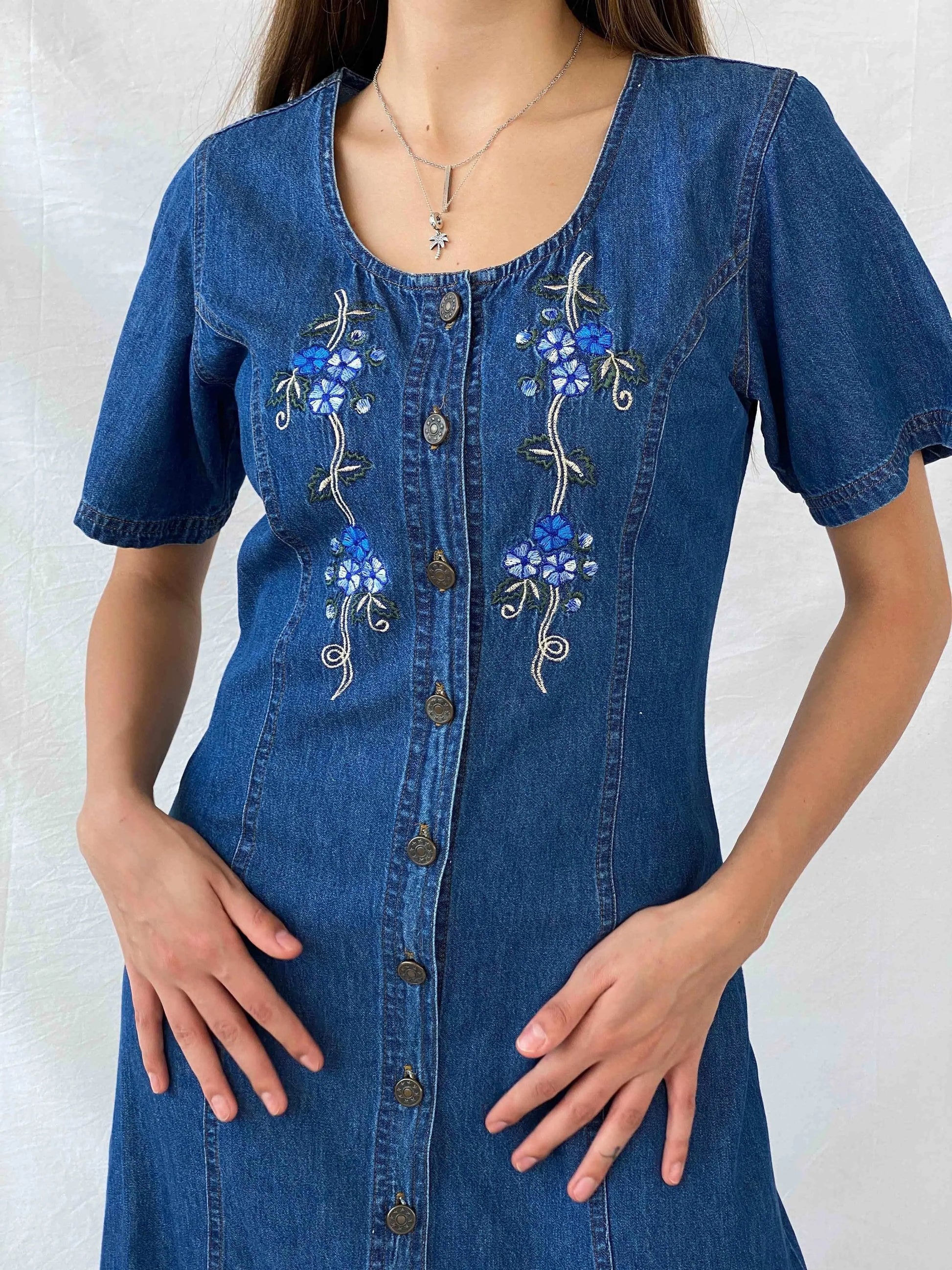 Vintage T&R D.E.N.I.M.S Maxi Floral Embroidered Denim Dress - Balagan Vintage Denim Dress denim, denim dress, floral embroidery, maxi dress, Mira