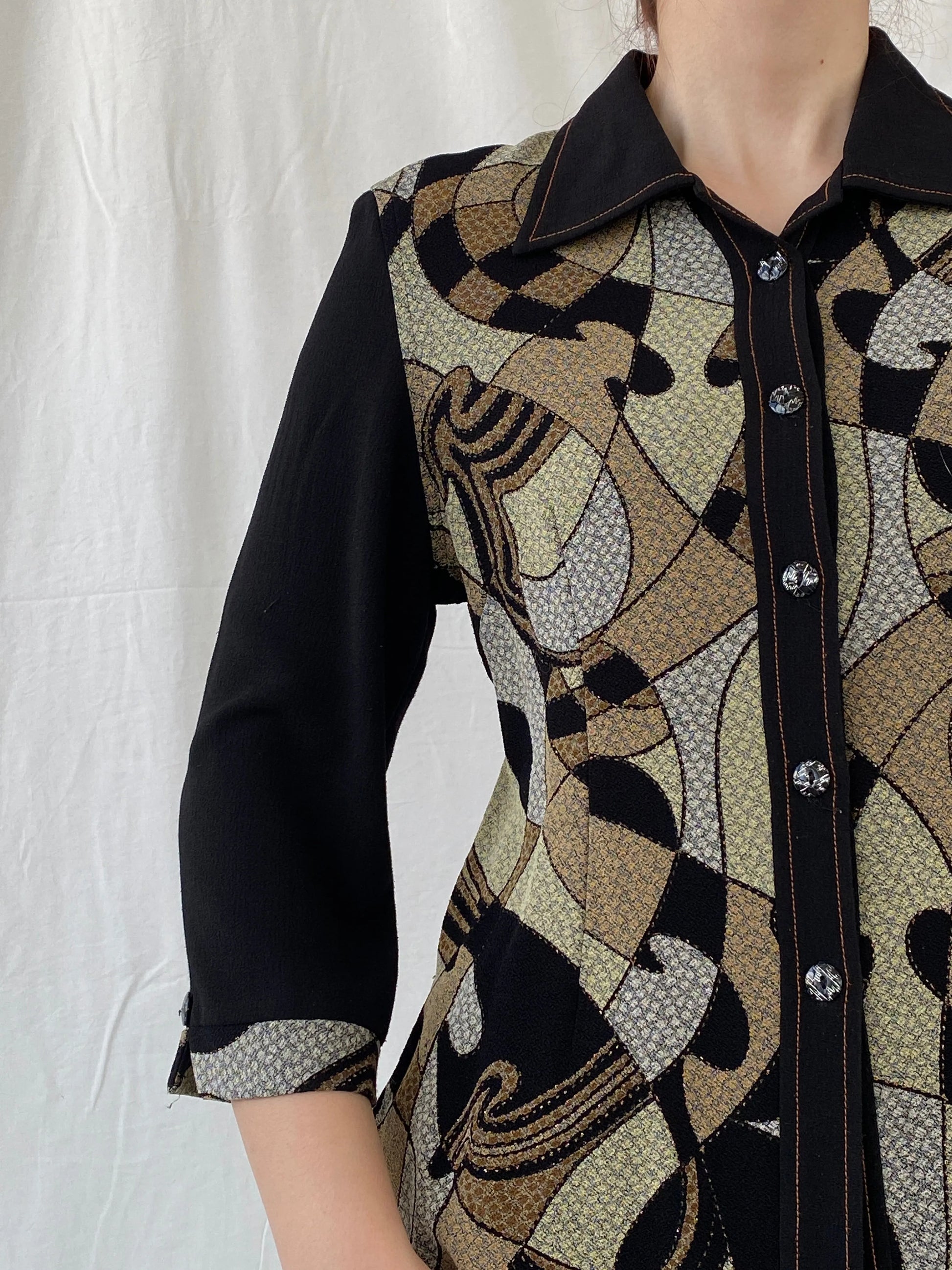 Vintage Telihuang Black and Beige Women’s Abstract Design Shimmery Buttoned Shirt - XL - Balagan Vintage Full sleeve Shirt 00s, Ayah, shirt, women shirt
