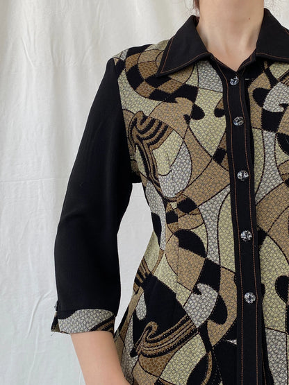 Vintage Telihuang Black and Beige Women’s Abstract Design Shimmery Buttoned Shirt - XL - Balagan Vintage Full sleeve Shirt 00s, Ayah, shirt, women shirt