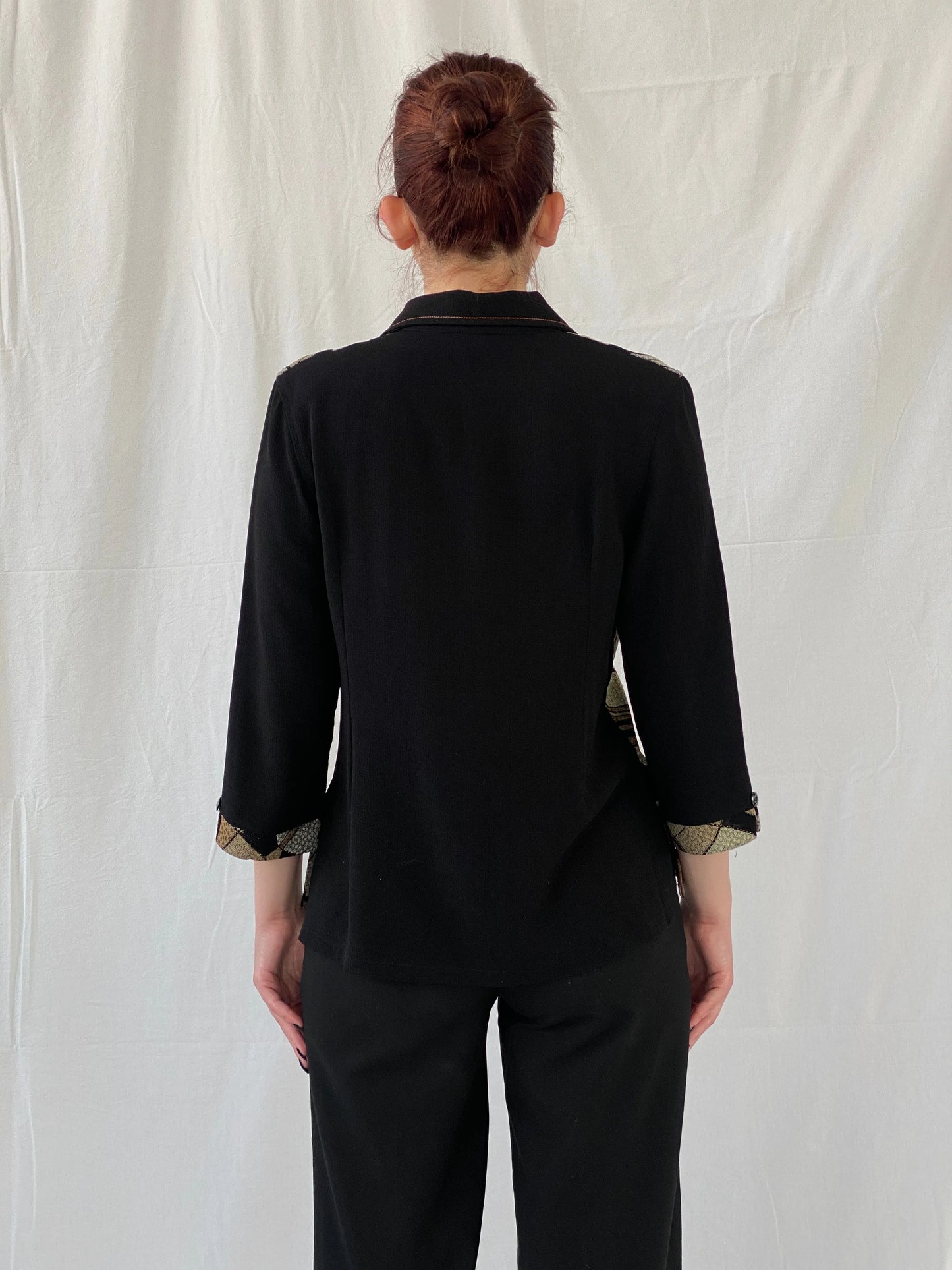 Vintage Telihuang Black and Beige Women’s Abstract Design Shimmery Buttoned Shirt - XL - Balagan Vintage Full sleeve Shirt 00s, Ayah, shirt, women shirt