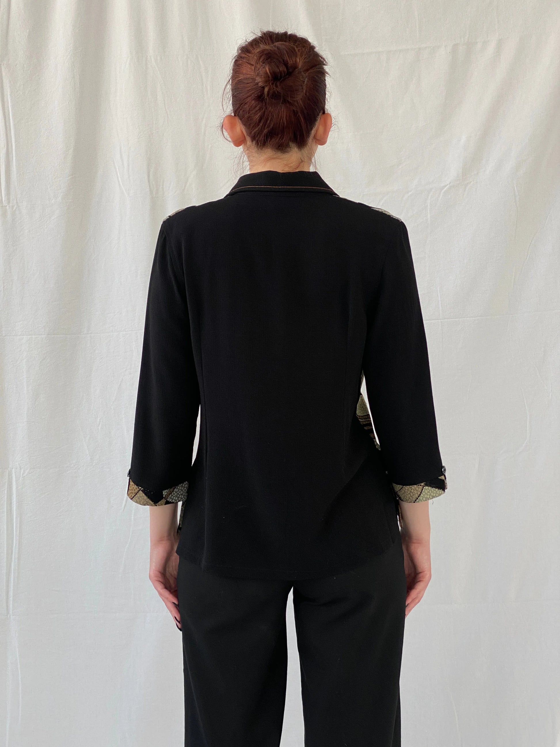 Vintage Telihuang Black and Beige Women’s Abstract Design Shimmery Buttoned Shirt - XL - Balagan Vintage Full sleeve Shirt 00s, Ayah, shirt, women shirt