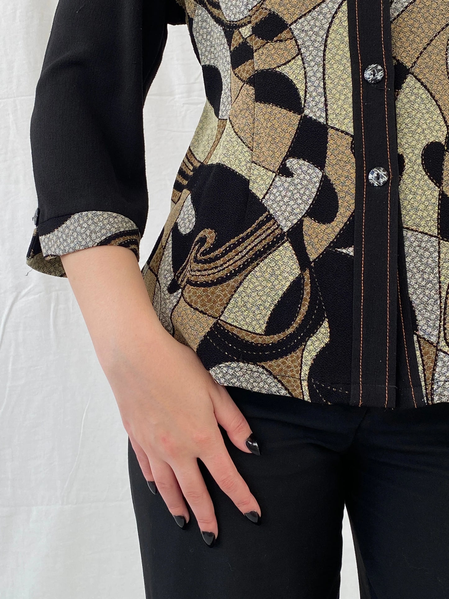 Vintage Telihuang Black and Beige Women’s Abstract Design Shimmery Buttoned Shirt - XL - Balagan Vintage Full sleeve Shirt 00s, Ayah, shirt, women shirt