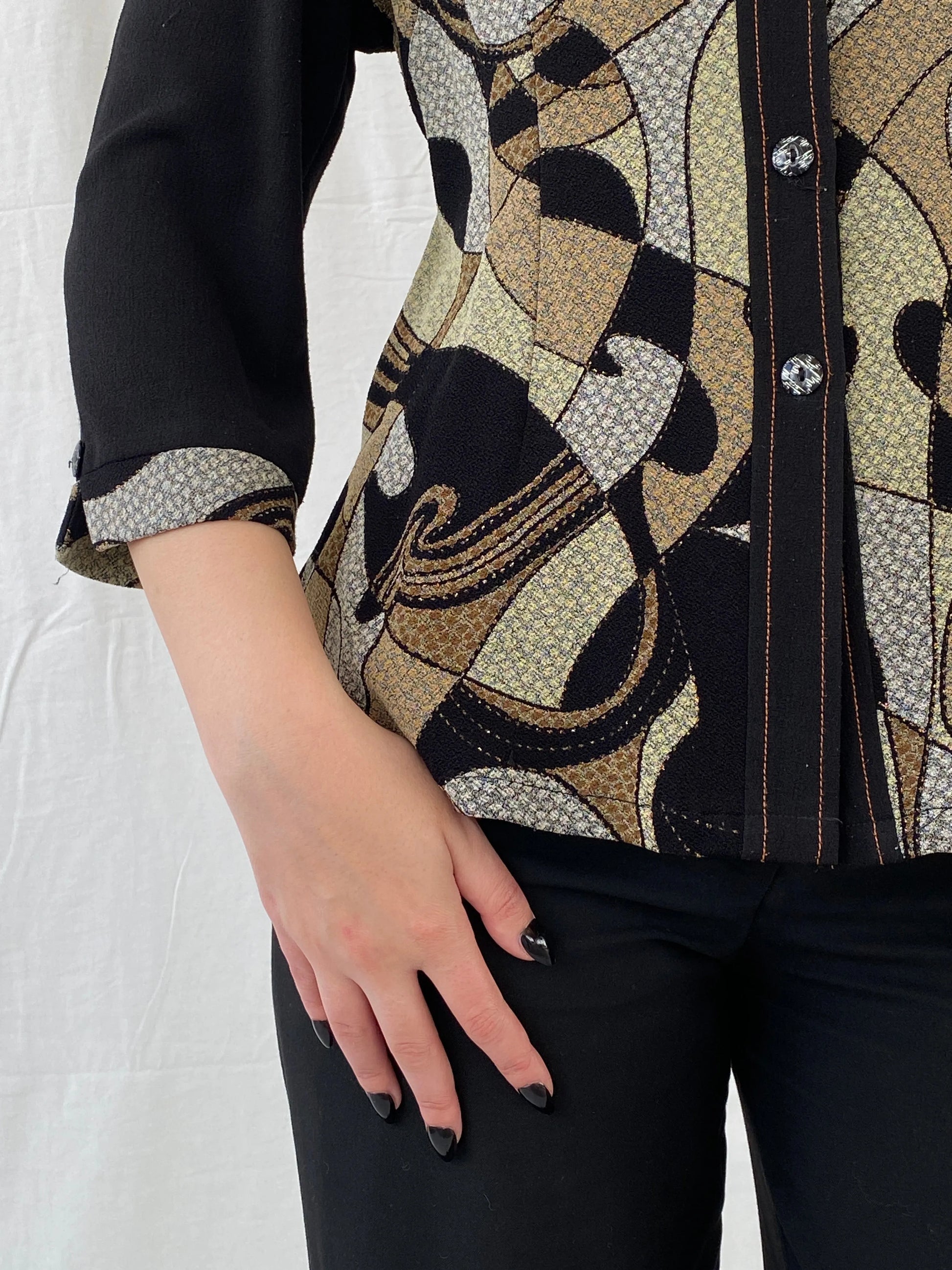 Vintage Telihuang Black and Beige Women’s Abstract Design Shimmery Buttoned Shirt - XL - Balagan Vintage Full sleeve Shirt 00s, Ayah, shirt, women shirt