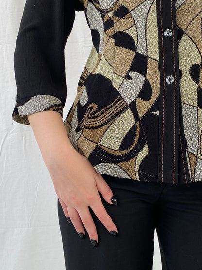 Vintage Telihuang Black and Beige Women’s Abstract Design Shimmery Buttoned Shirt - XL - Balagan Vintage Full sleeve Shirt 00s, Ayah, shirt, women shirt